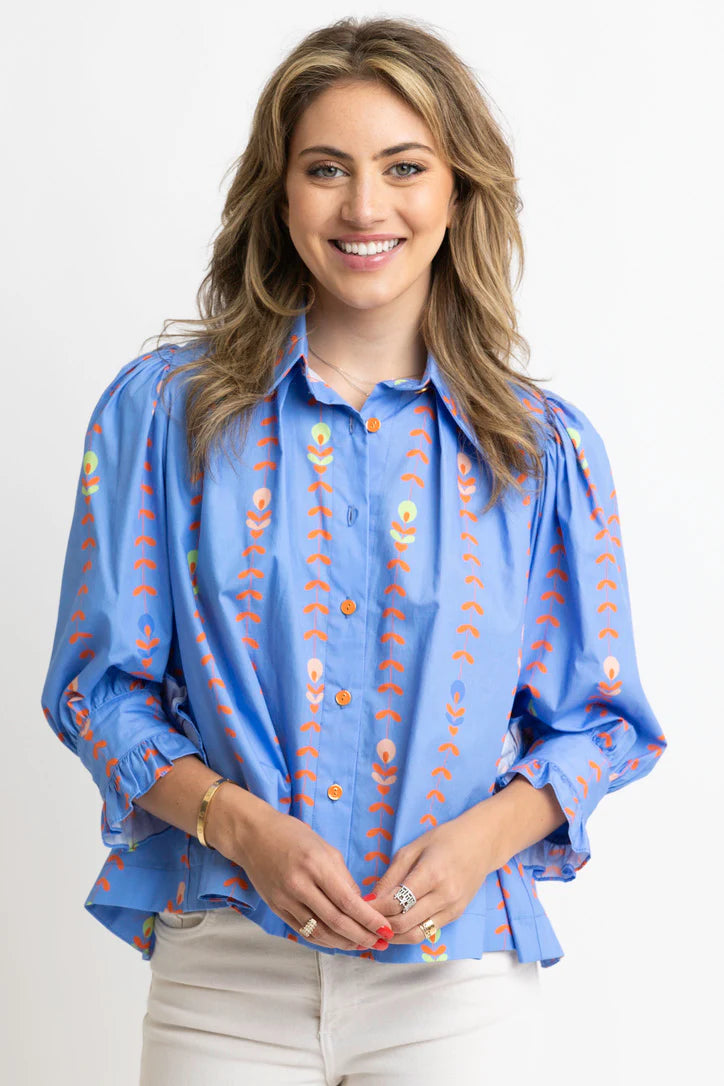 Floral Vine Poplin Button Up Top - Periwinkle