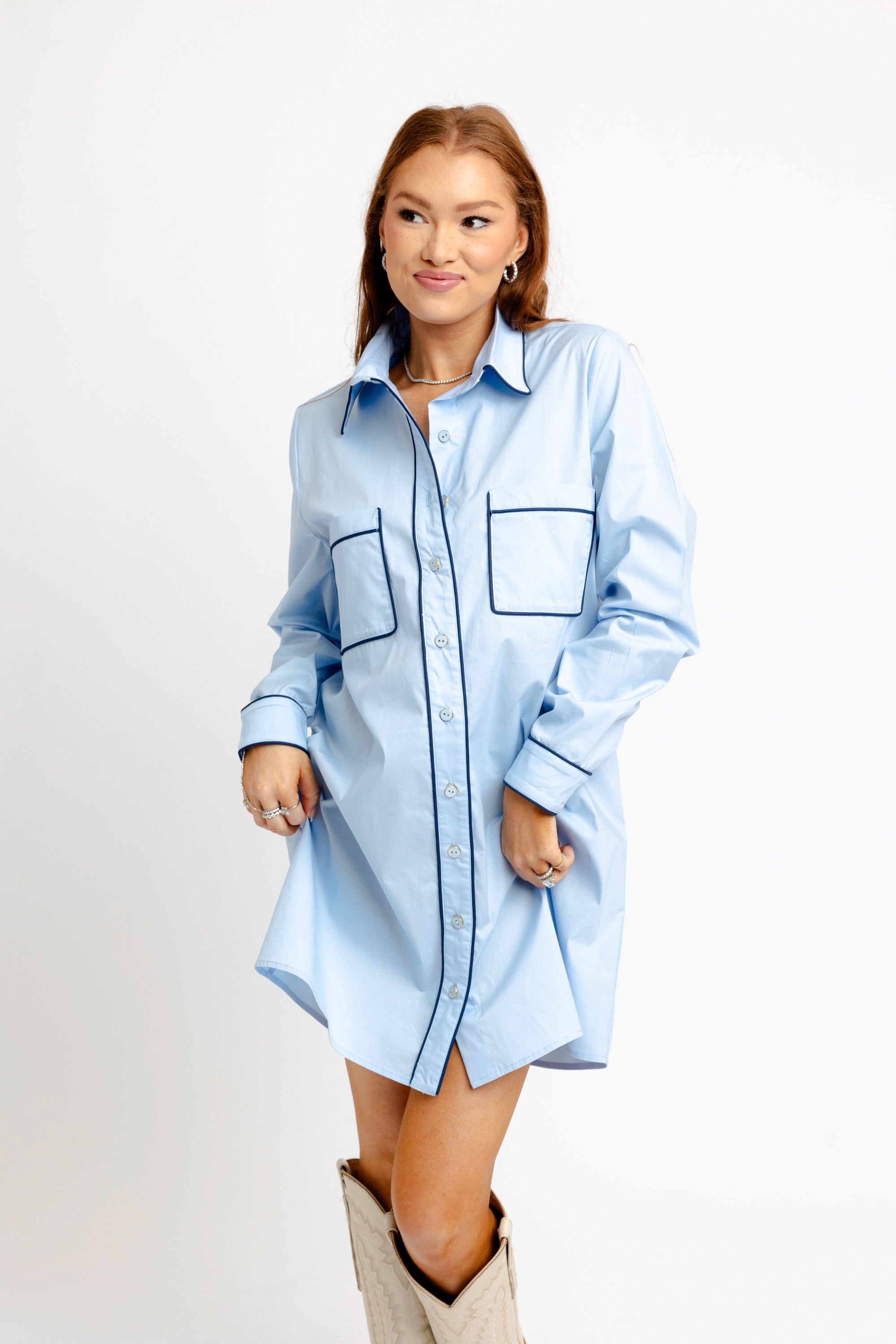 Solid Poplin Contrast Pocket Shirt Dress - Blue