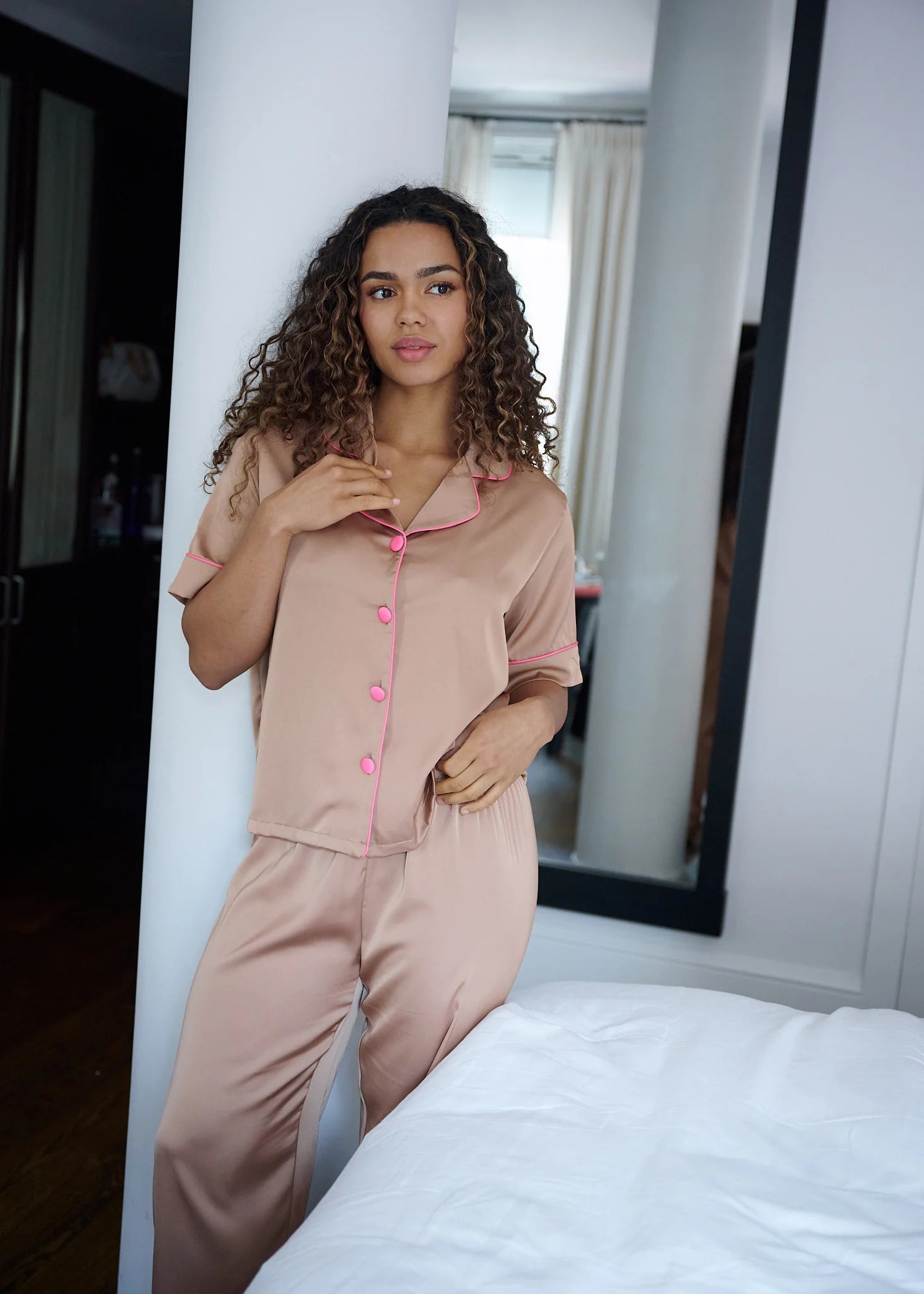 Silky Nude Short Sleeve Pajama Pant Set