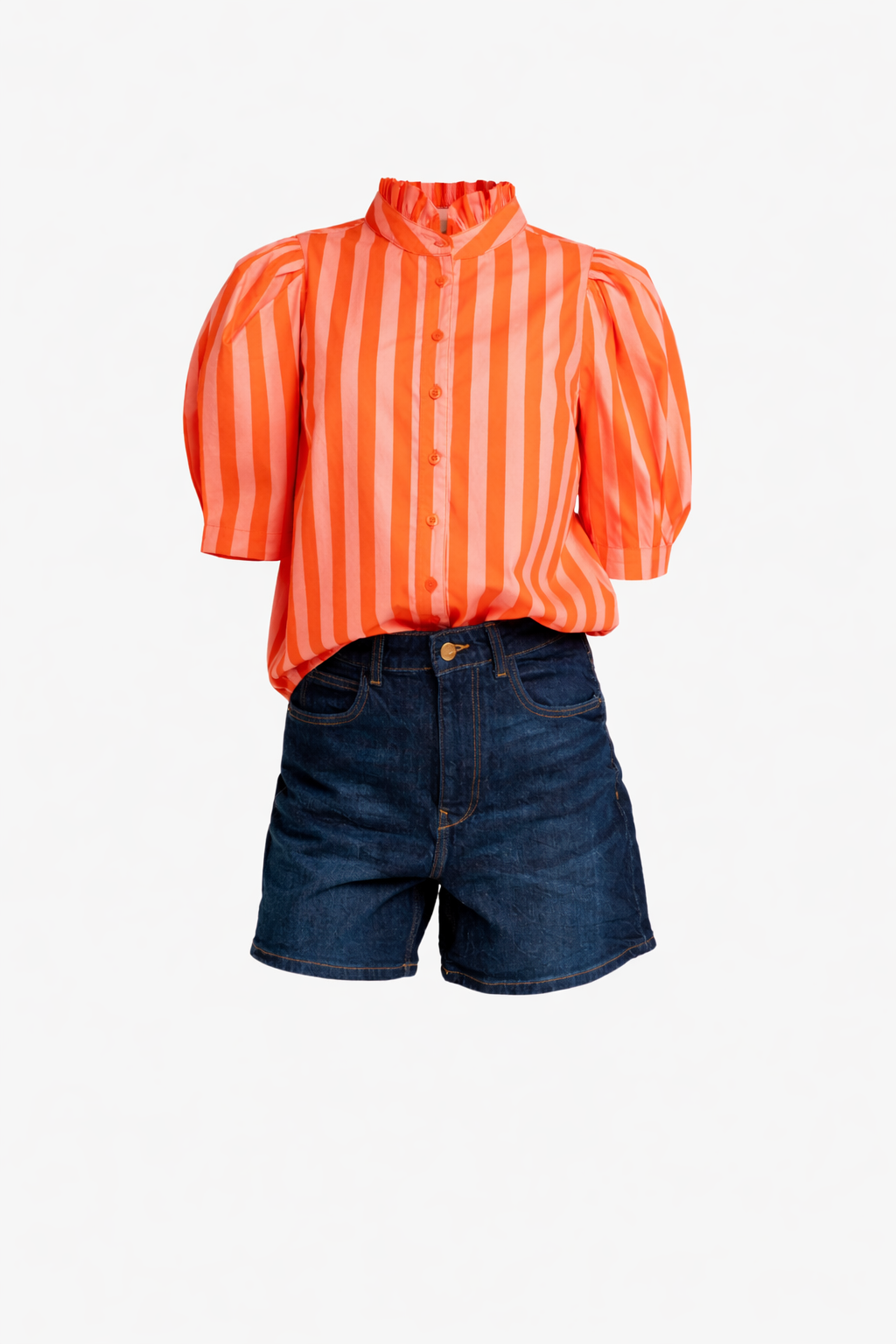 Stripe Button Up Ruffle Neck Top