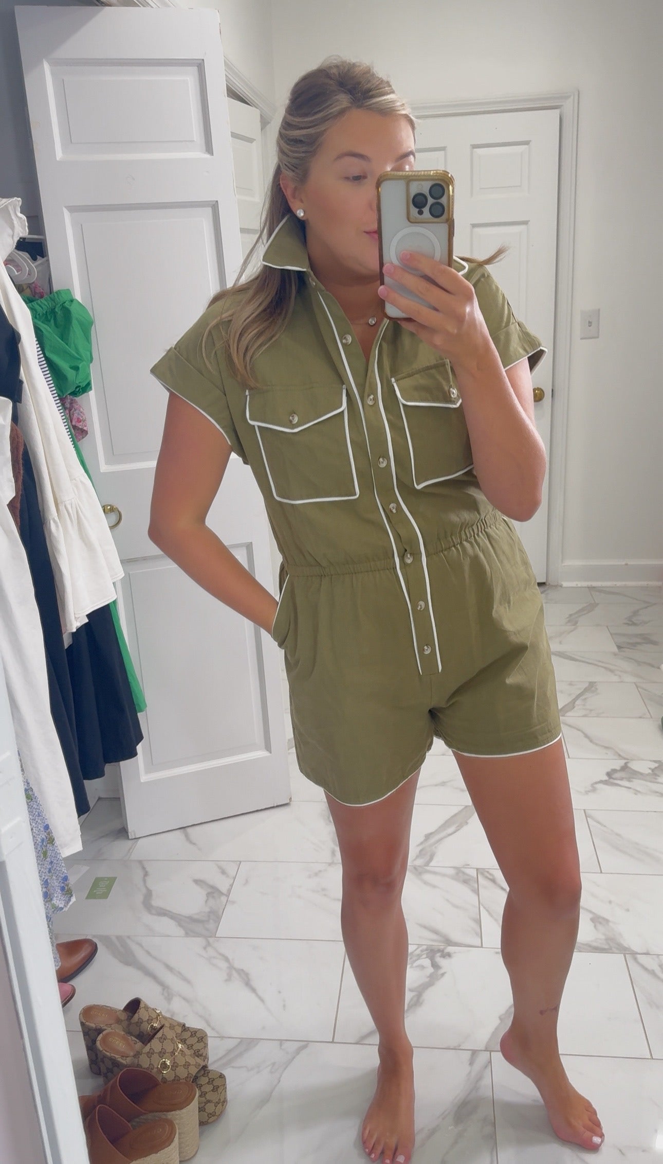Contrast Piping Romper - Olive