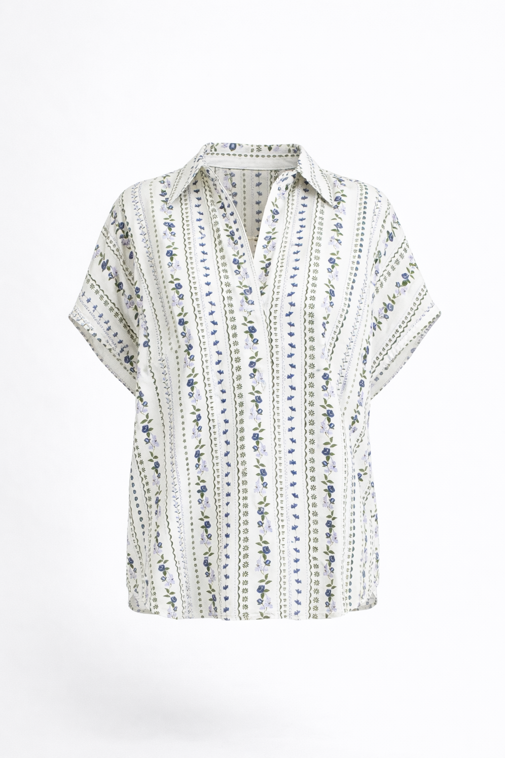 French Floral Signature V Neck Collar Top - Olive