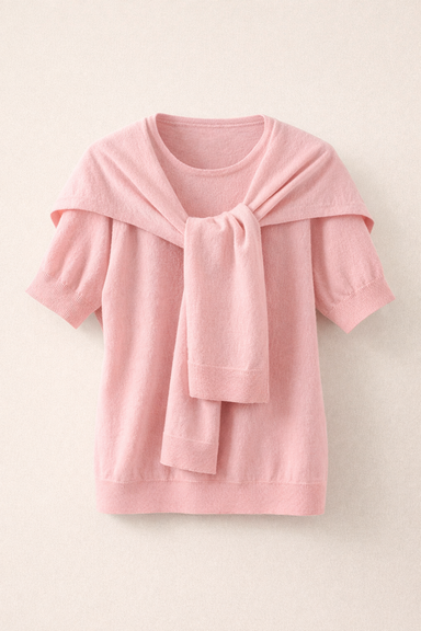 Pink sweater with a scarf draped over it on a light beige background