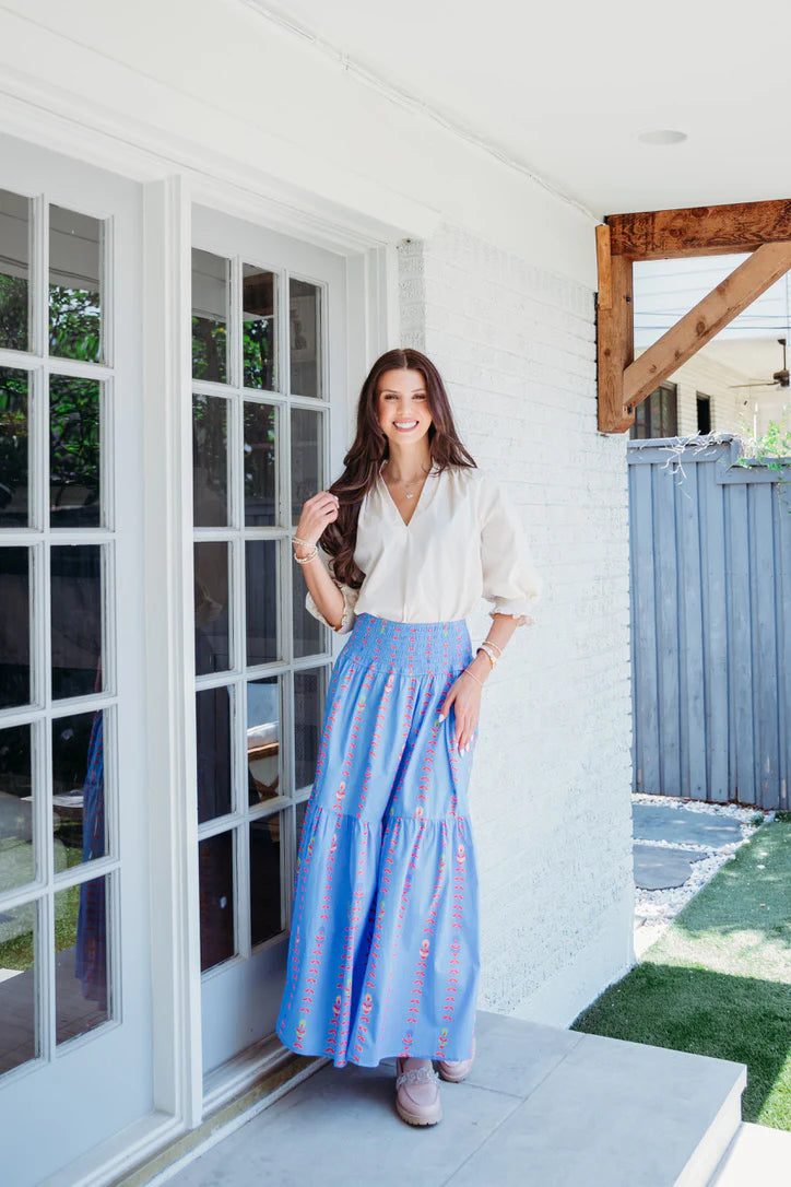 Floral Vine Smock Waist Tier Maxi Skirt - Periwinkle