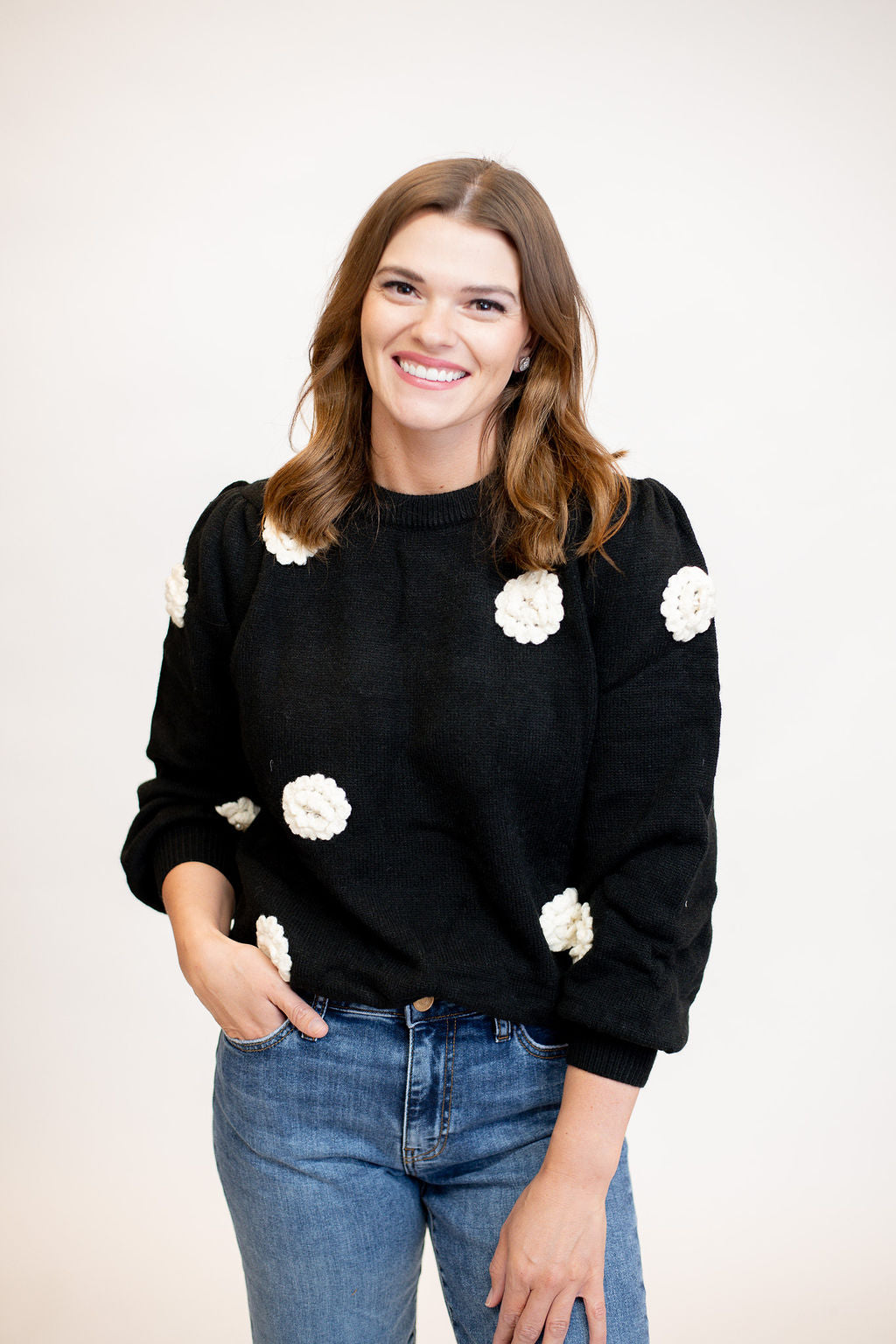 Floral Embroidered Pearl Detail Sweater - Black