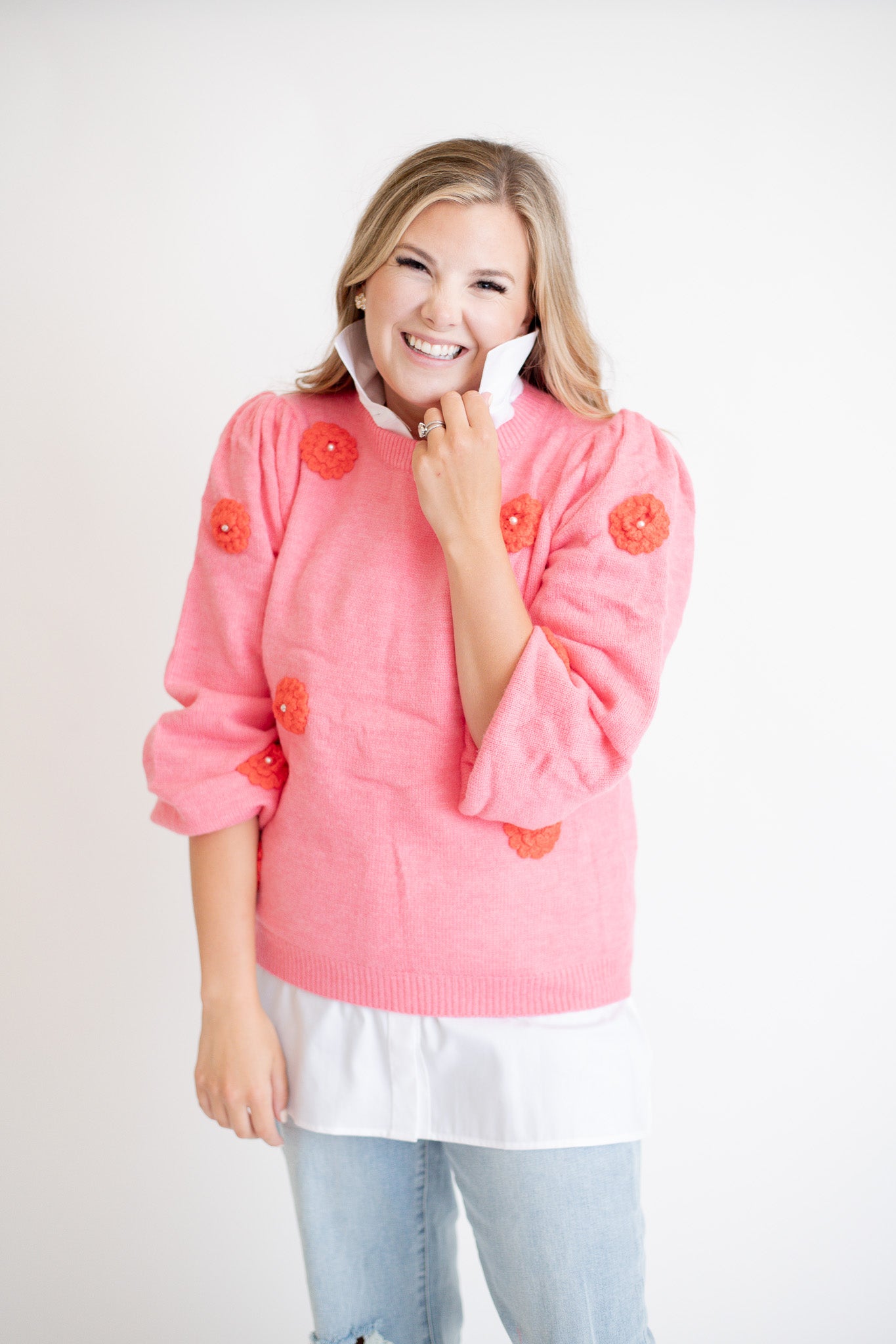 Floral Embroidered Pearl Detail Sweater - Pink