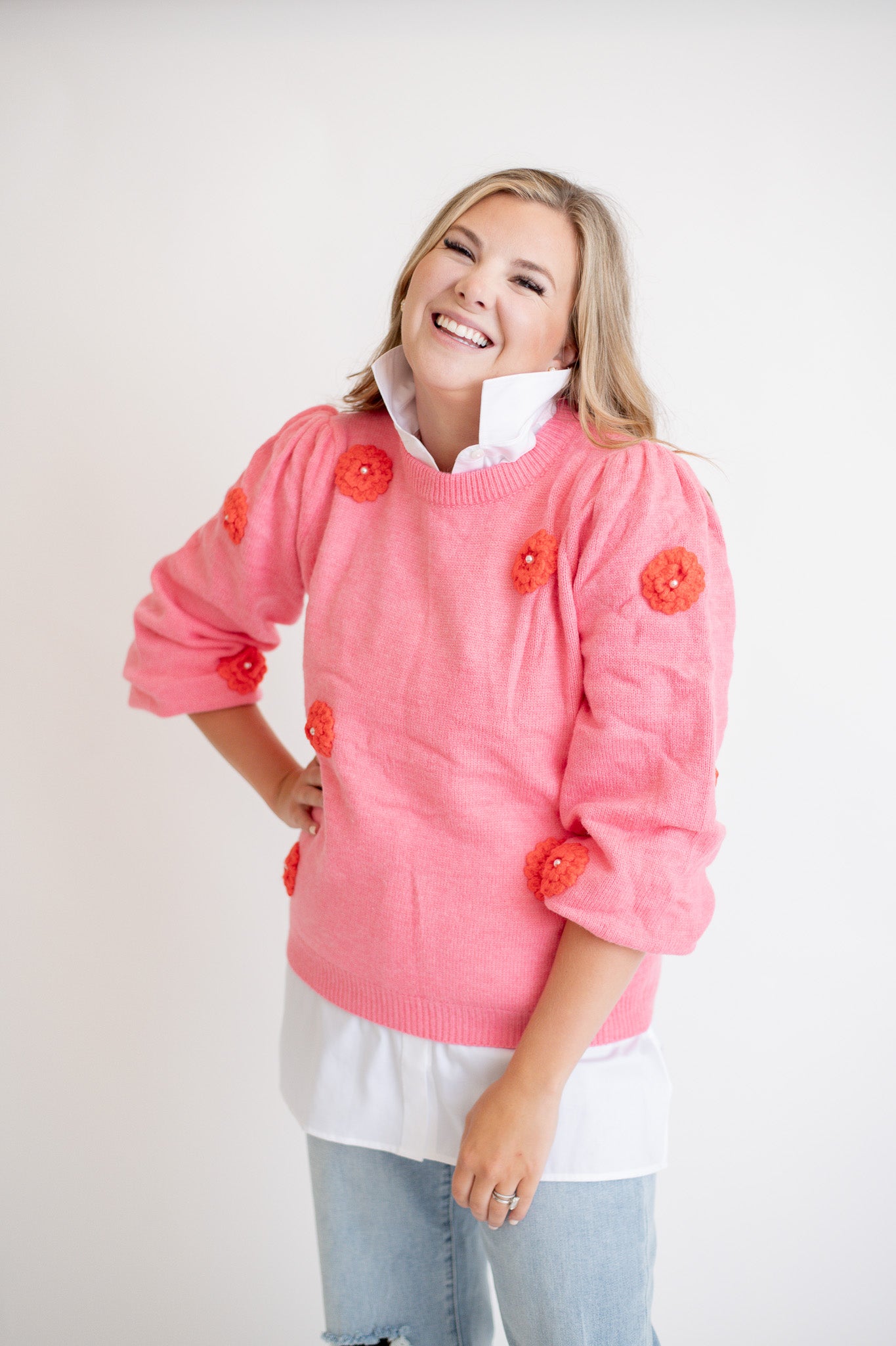 Floral Embroidered Pearl Detail Sweater - Pink