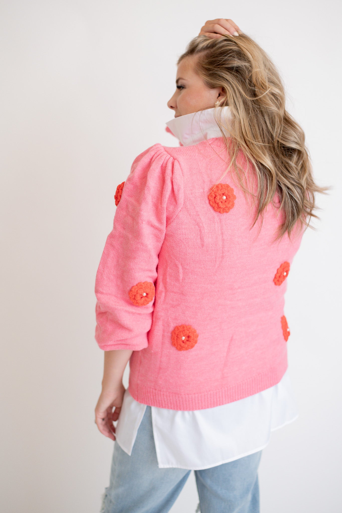 Floral Embroidered Pearl Detail Sweater - Pink