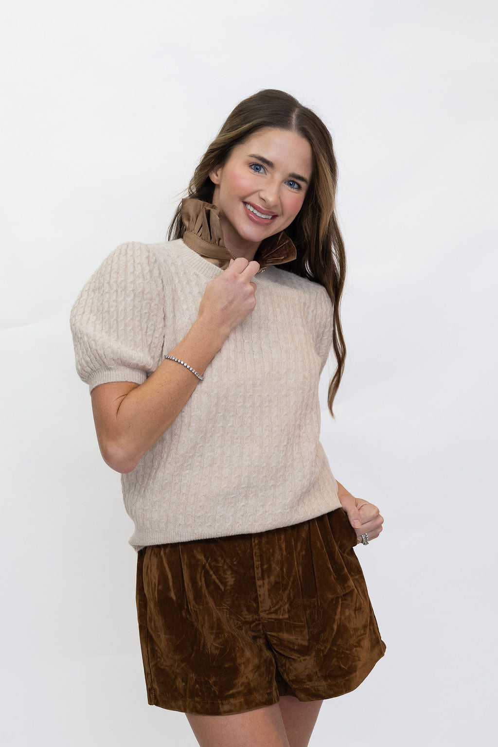 Short Sleeve Mini Cable Sweater - Oatmeal