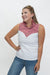 A woman modeling a sleeveless collared top with a red and white gingham yoke and a solid white body, paired with blue jeans, against a plain white studio background.