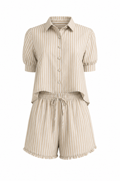 Beige striped shirt and shorts set on a white background