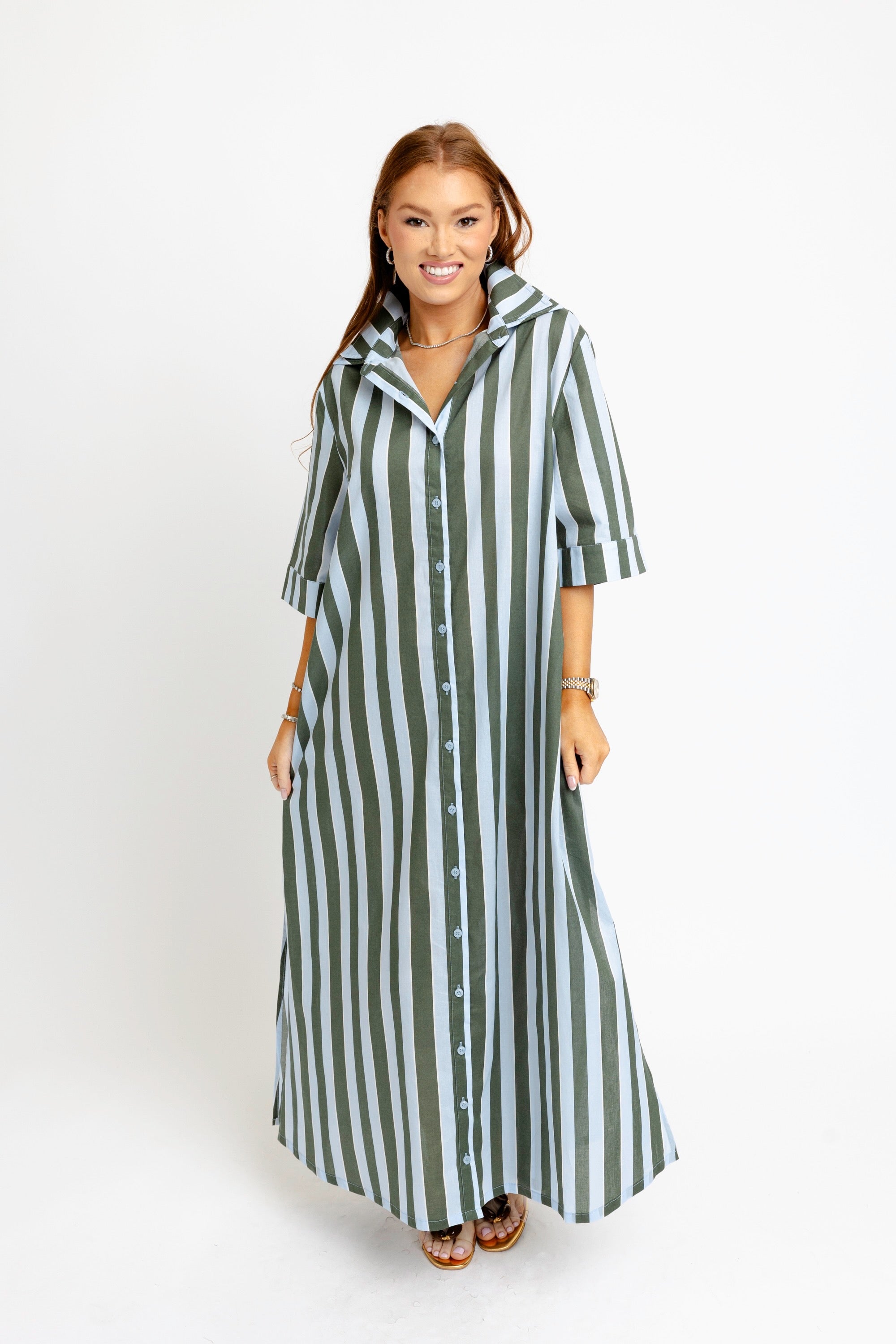 Bold Stripe Maxi Shirt Dress - Blue