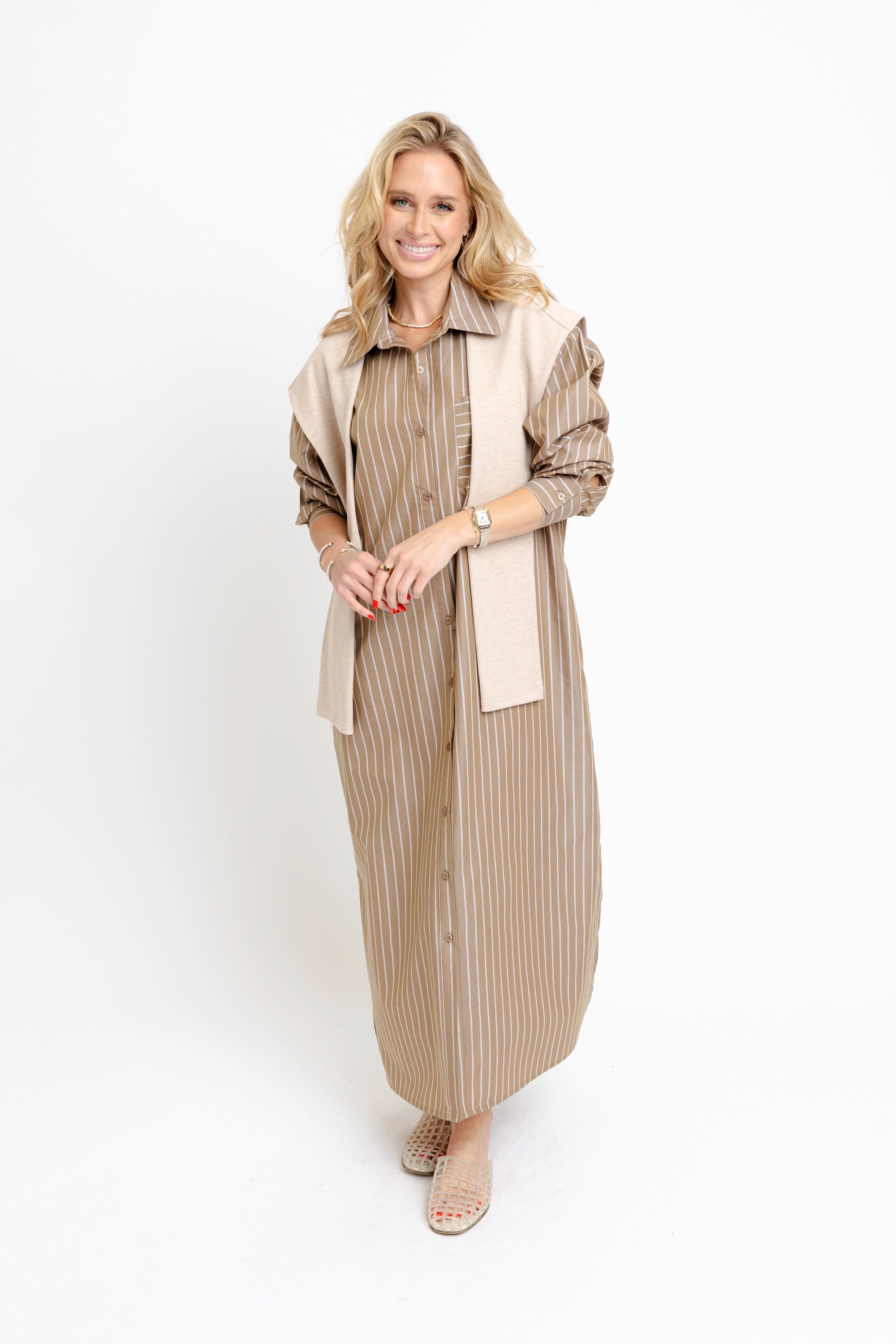 Stripe Poplin Hailey Maxi Shirt Dress w/ Sweater - Brown