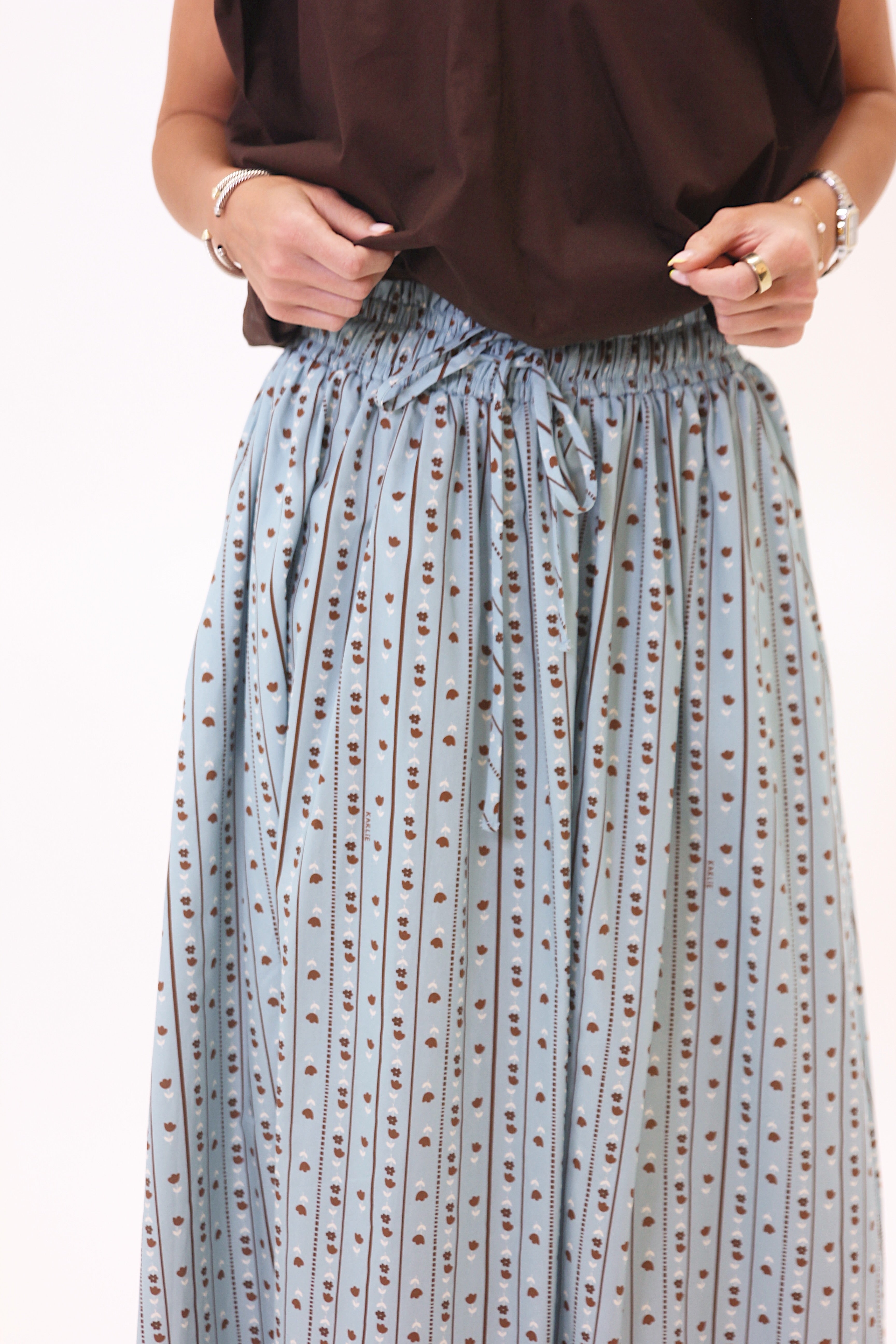 Floral Stripe Tie Smock Waist Maxi Skirt - Blue