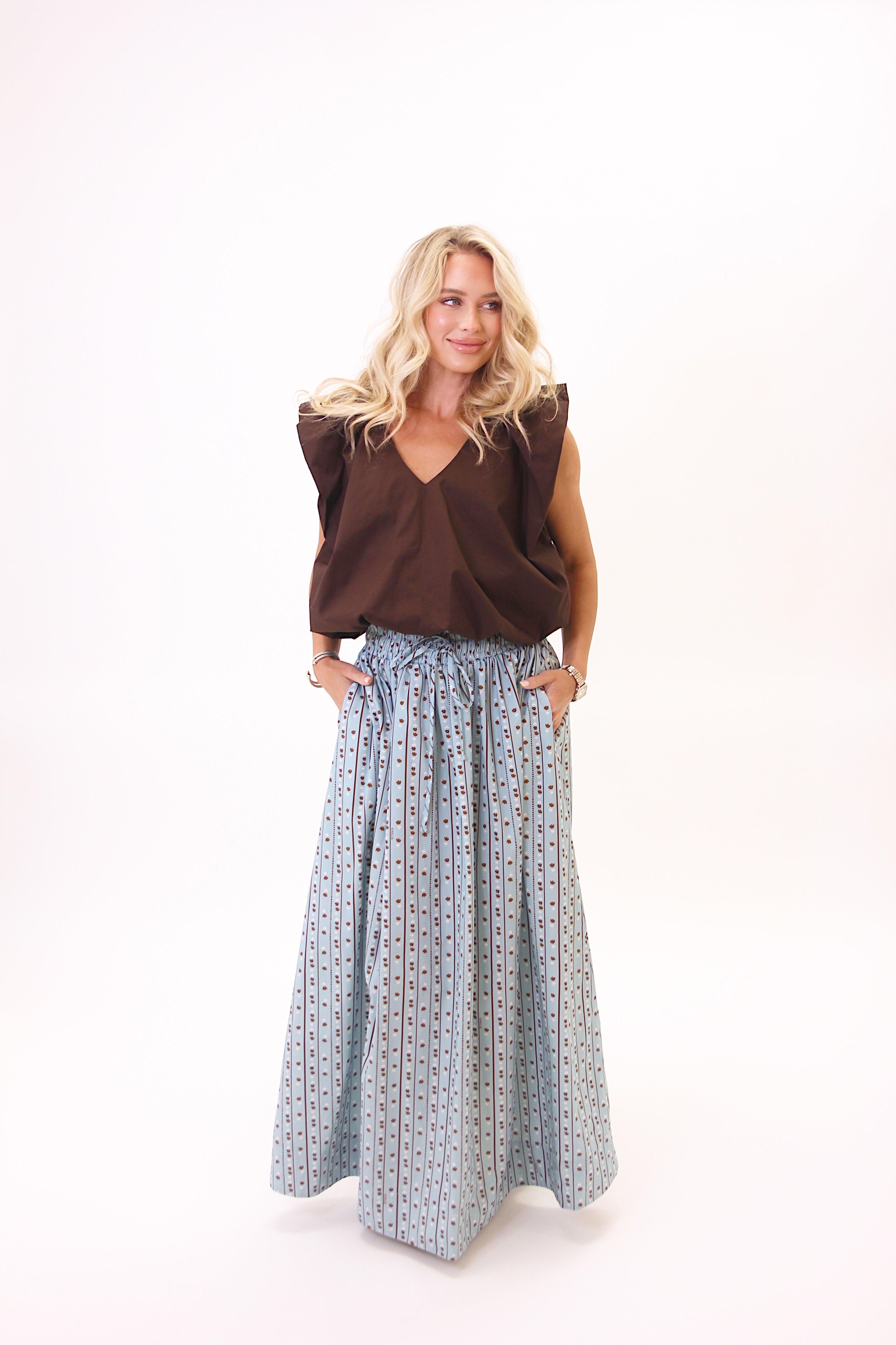 Floral Stripe Tie Smock Waist Maxi Skirt - Blue