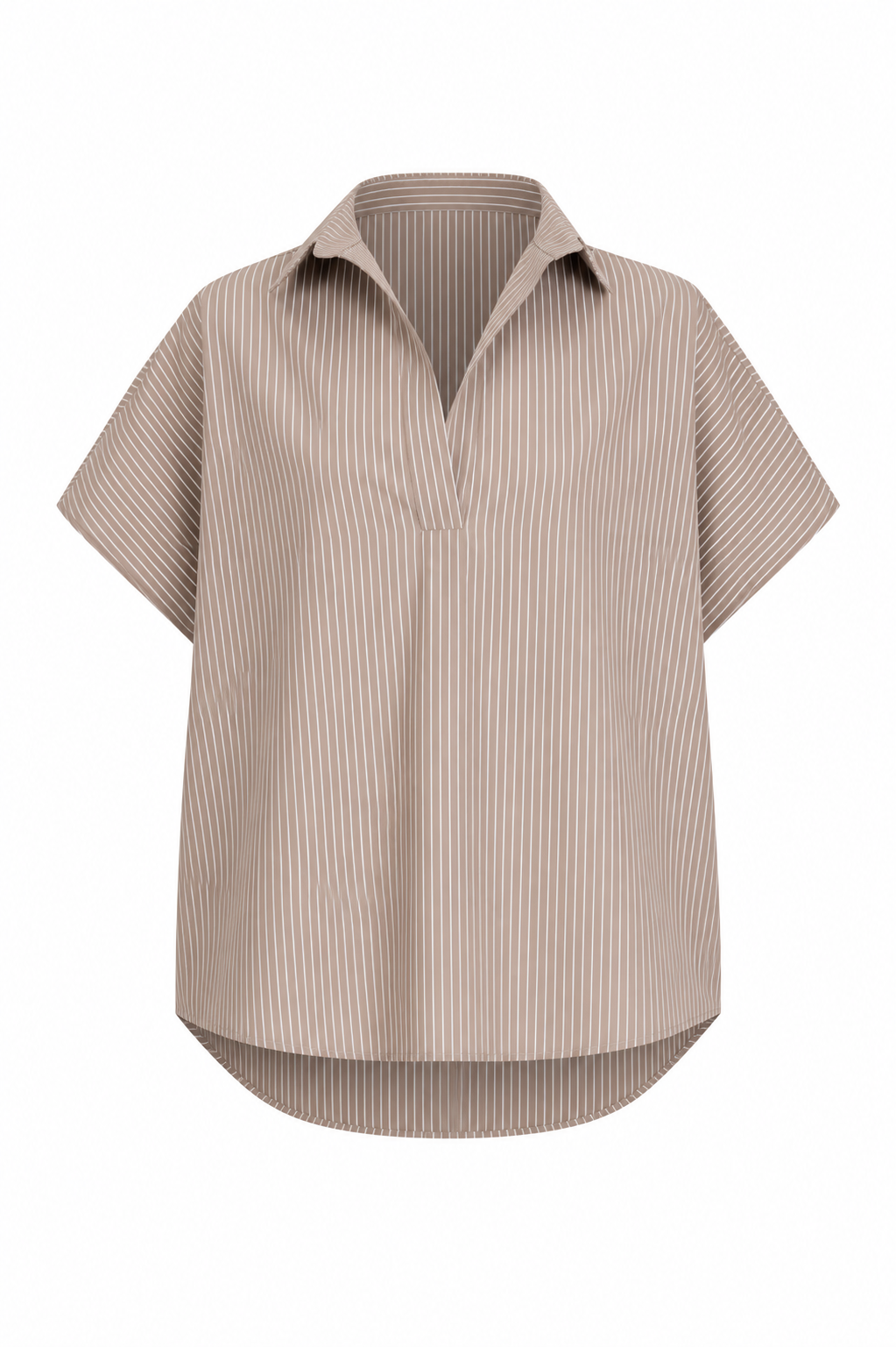 BROWN COLLAR SHIRT WITH THIN BLUE PIN STRIPES, SHORT SLEEVE ON WHITE BACKGROUND