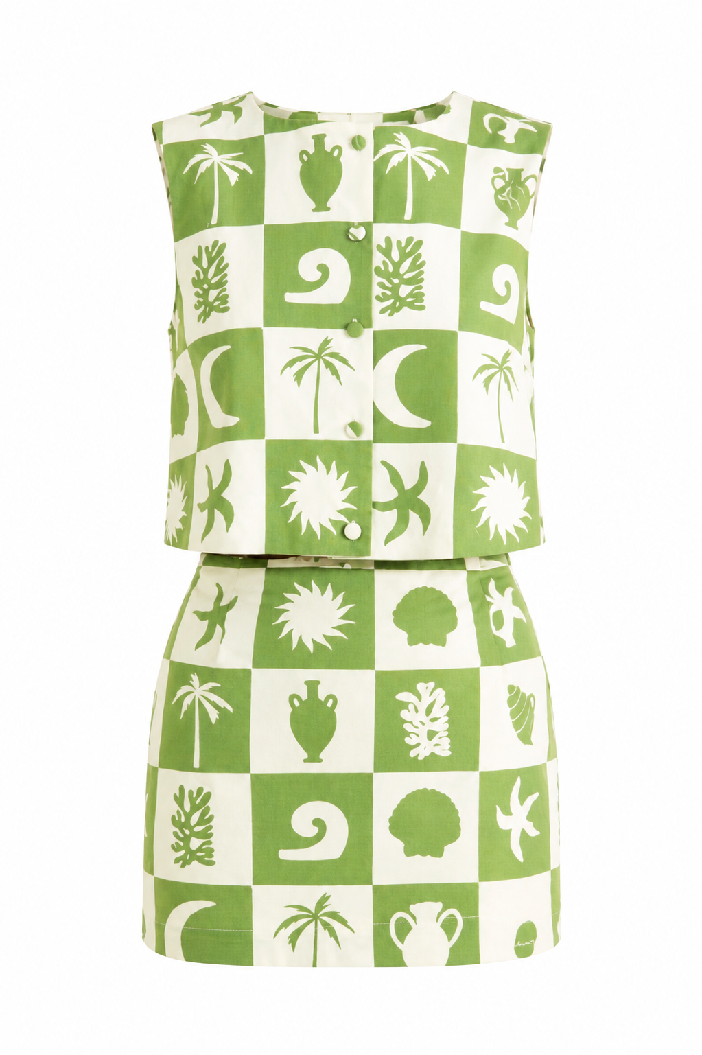 Green and white checkered top and skirt with nature-themed patterns on a white background