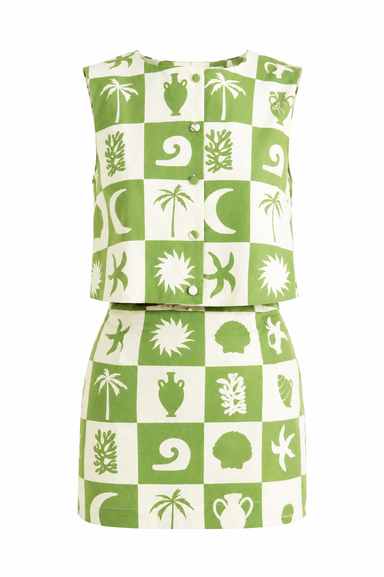 Green and white checkered top and skirt with nature-themed patterns on a white background