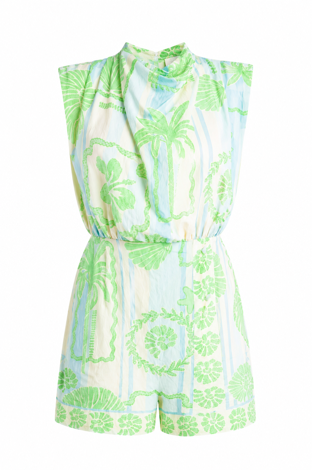 Green and white patterned romper on a white background