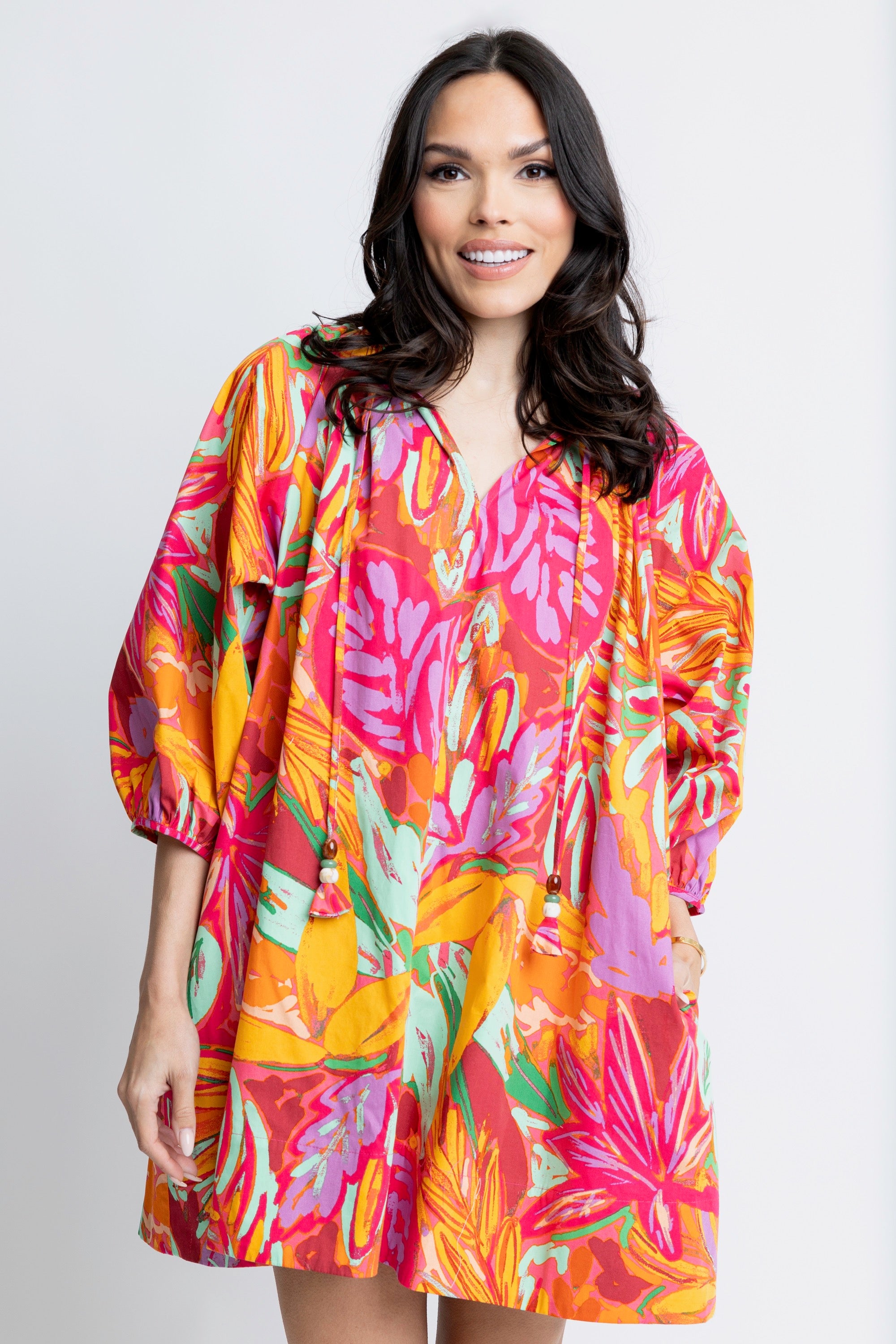 Abstract Tropical Palm V-Neck Dress
