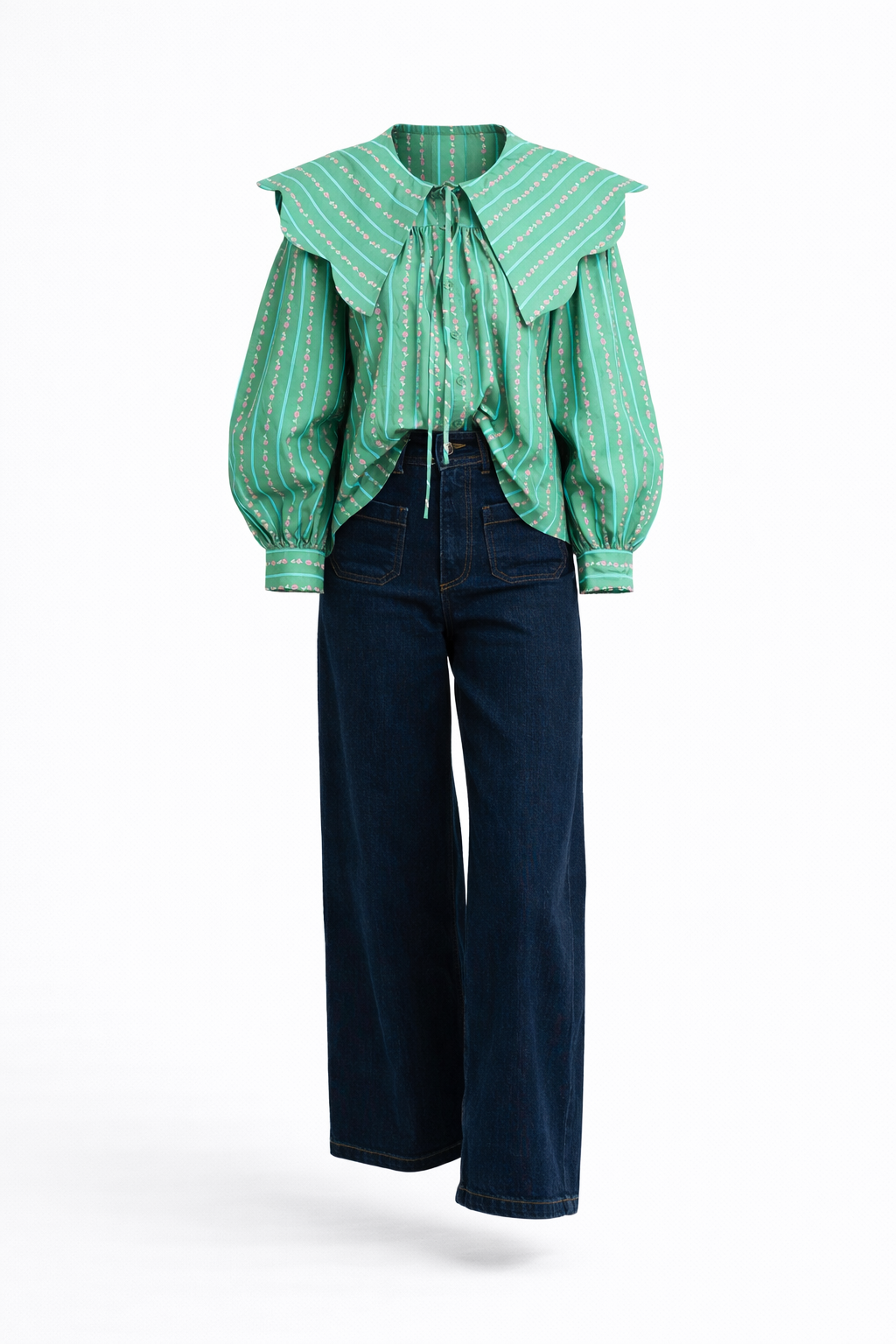 Floral Ditzy Stripe Peter Pan Collar Top - Green