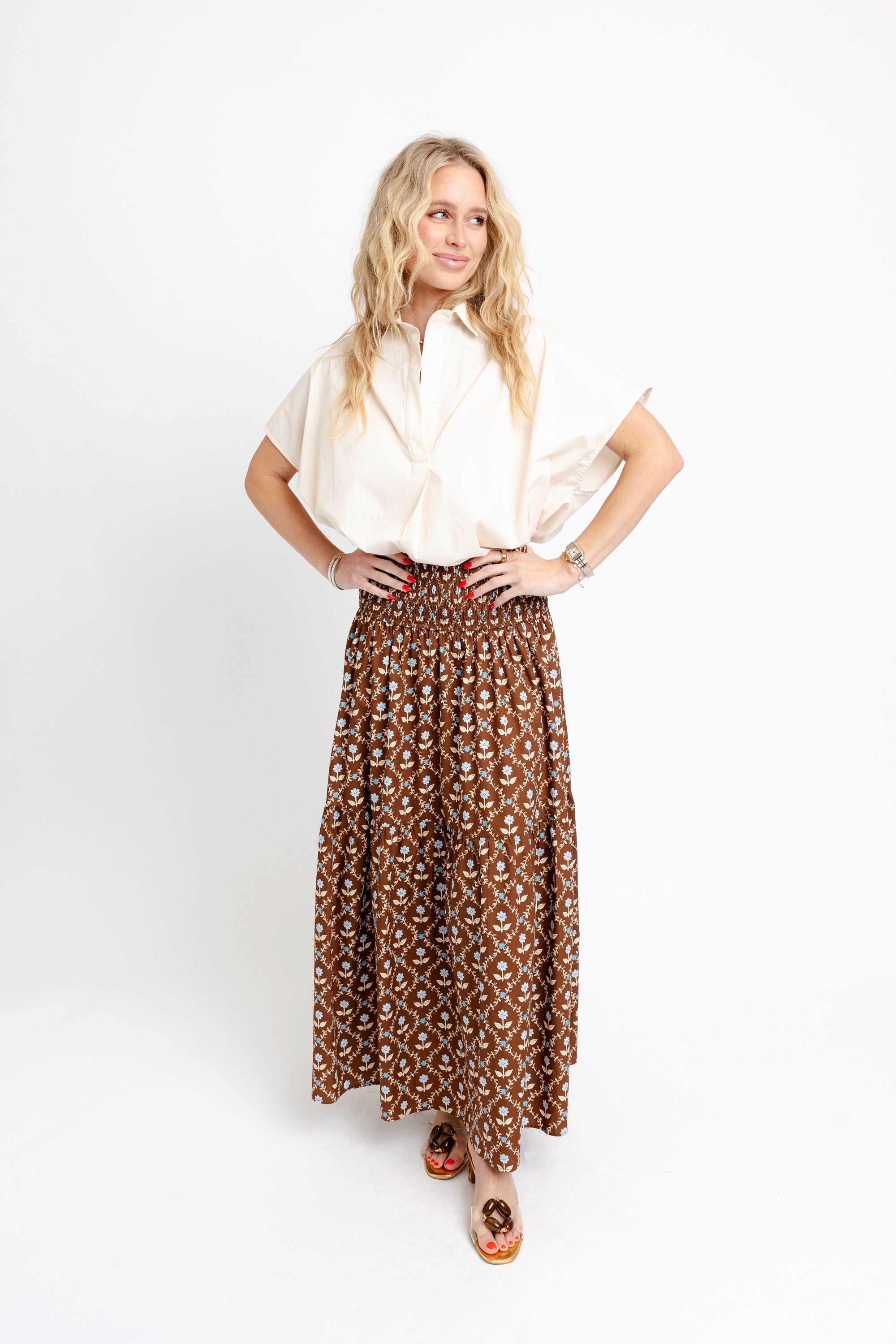 Floral Smock Tier Maxi Skirt - Brown