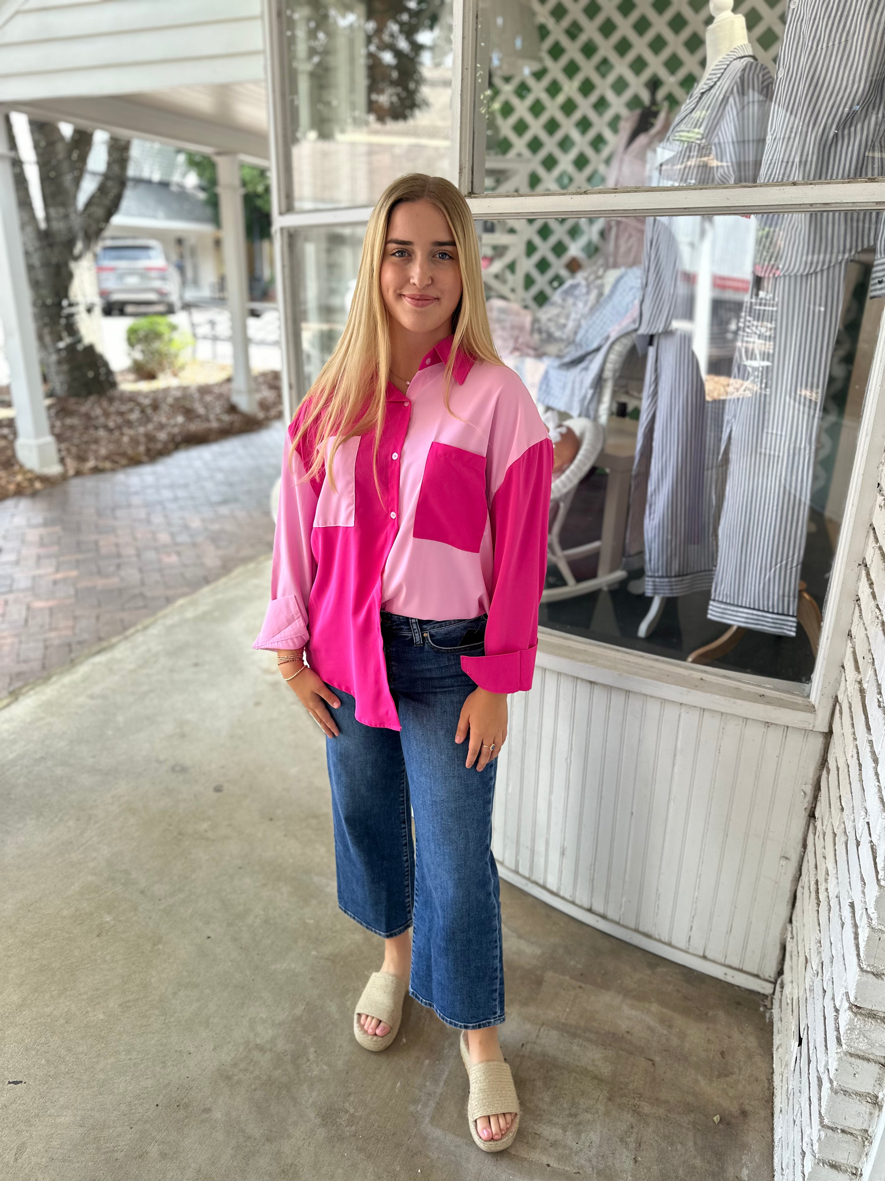 The Kathryn Pink Color Block Button-Up