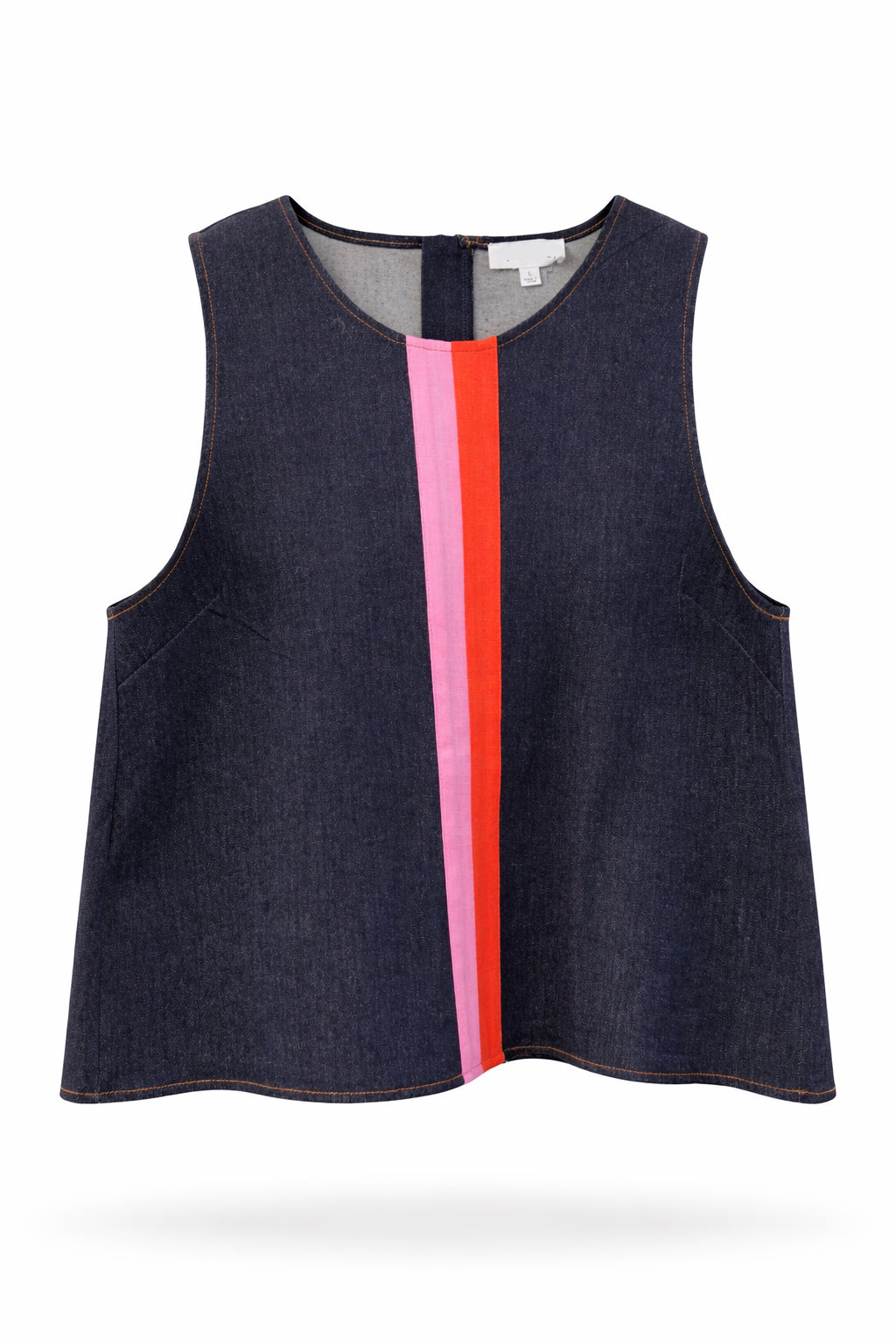Dark denim sleeveless top with colorful vertical stripes on a white background