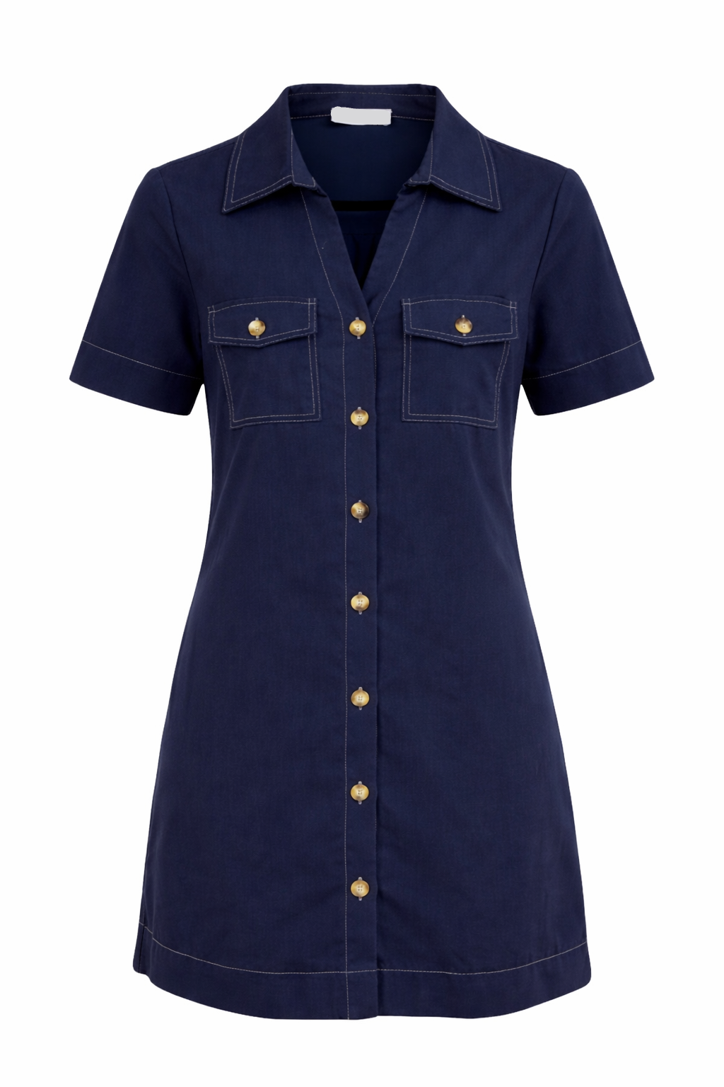 Navy blue dress with button details on a white background