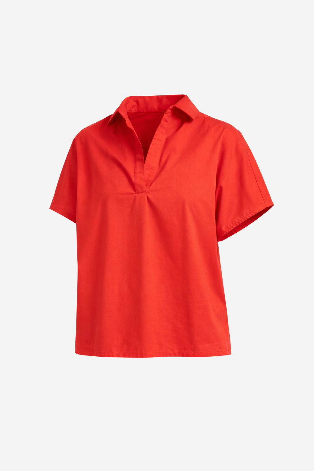 Solid Poplin V Neck Collar Top - Red