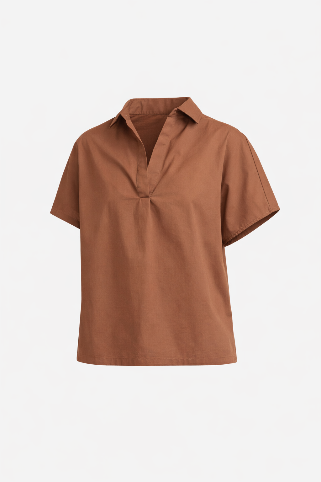 Solid Poplin V Neck Collar Top - Brown