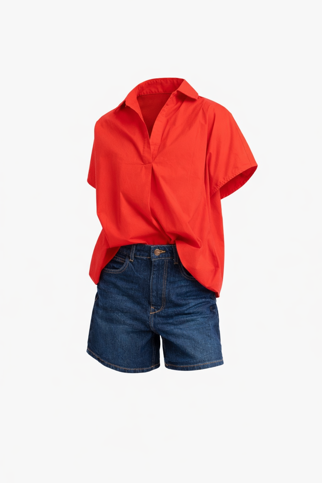 Solid Poplin V Neck Collar Top - Red