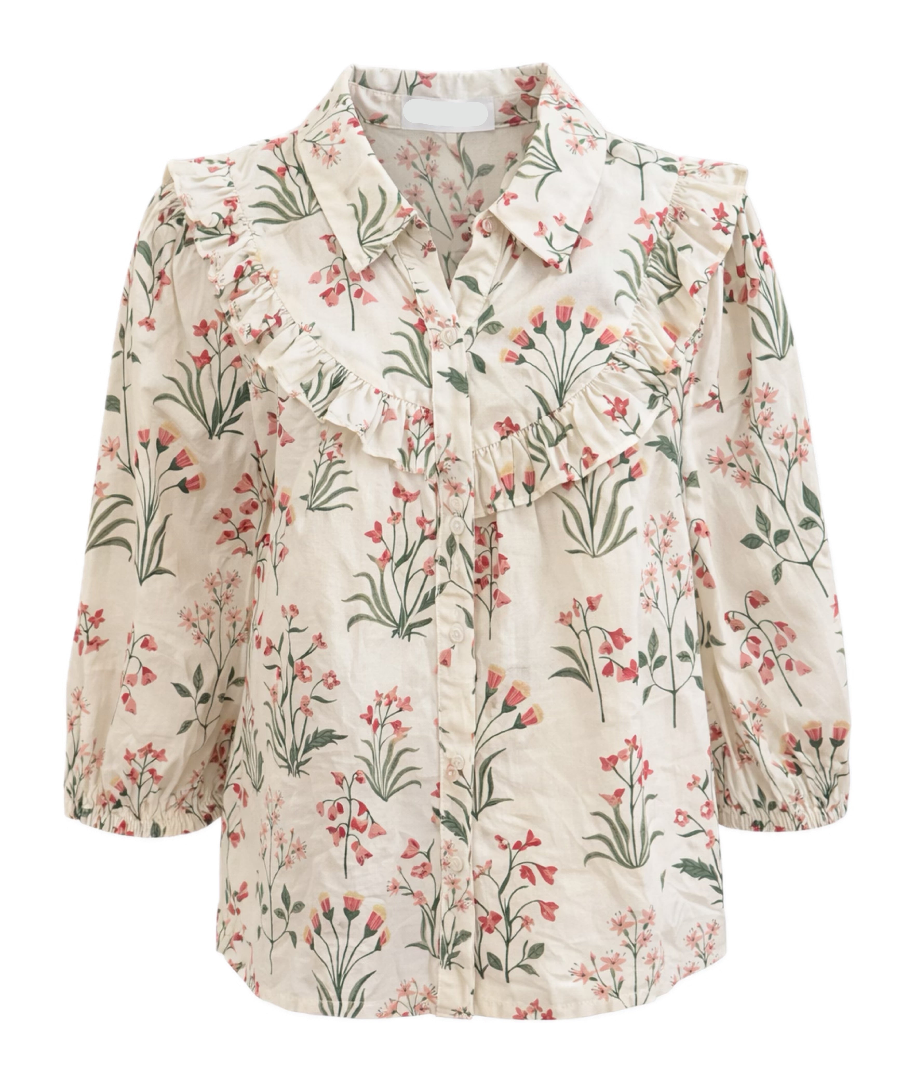 Floral blouse with ruffled collar on a white background