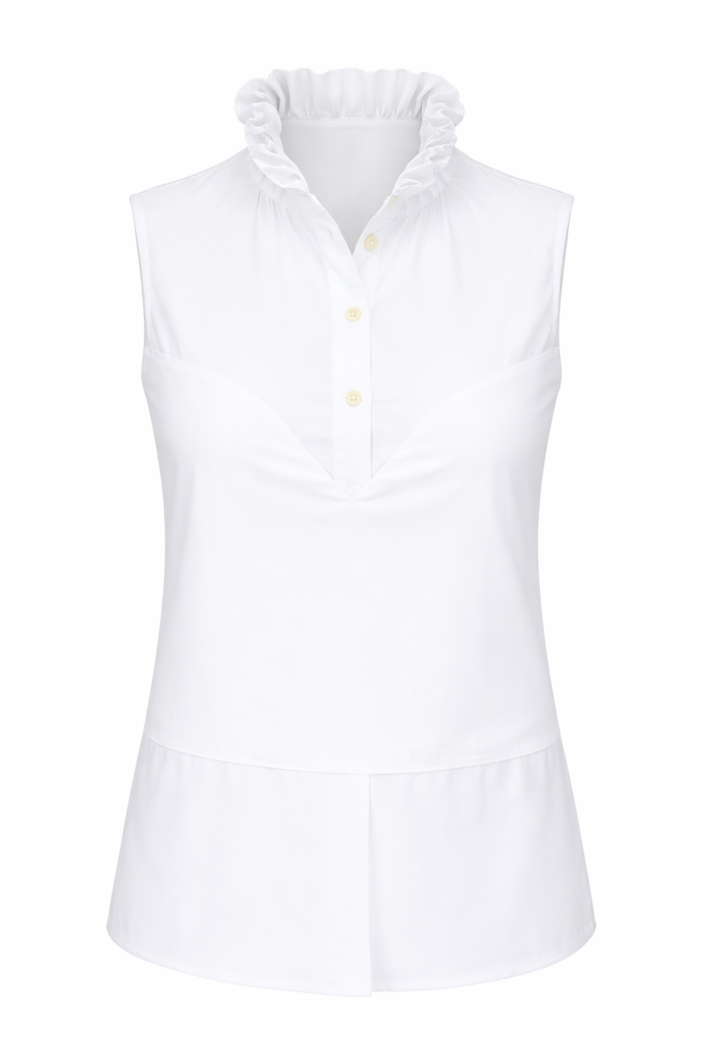 White sleeveless blouse with ruffled collar on a white background