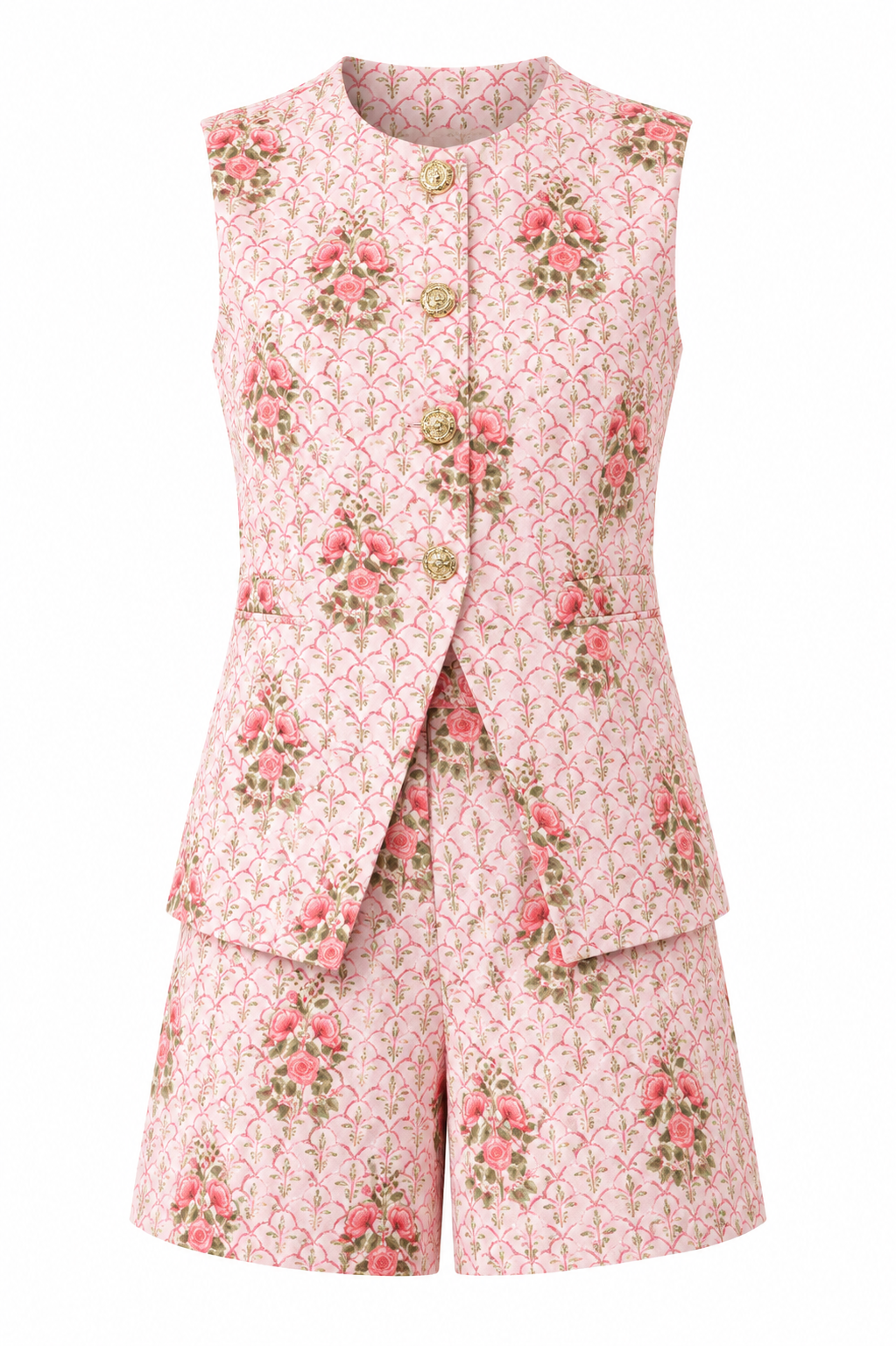 Pink floral two-piece suit on a white background