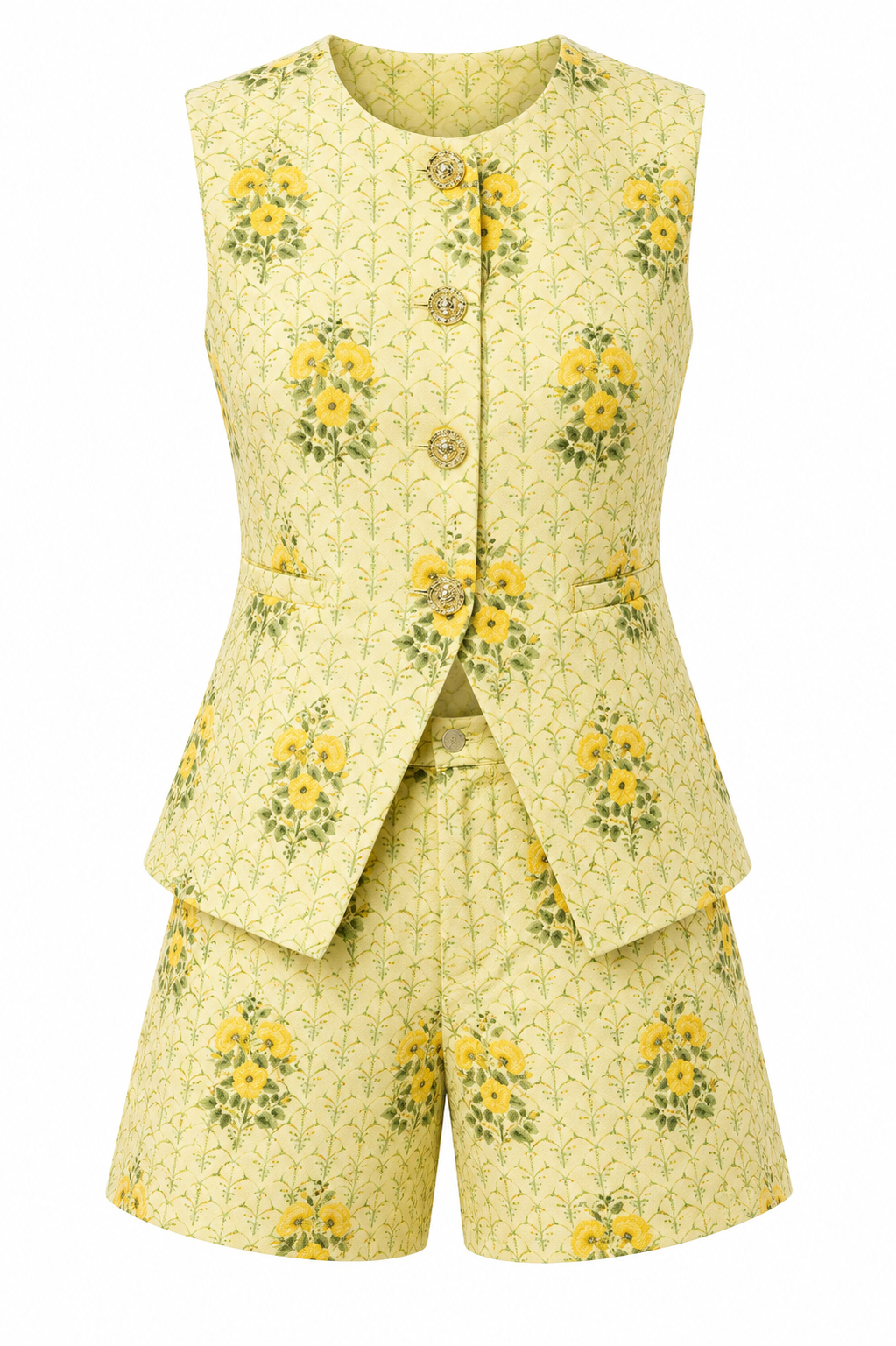 Yellow floral patterned vest and shorts set on a white background