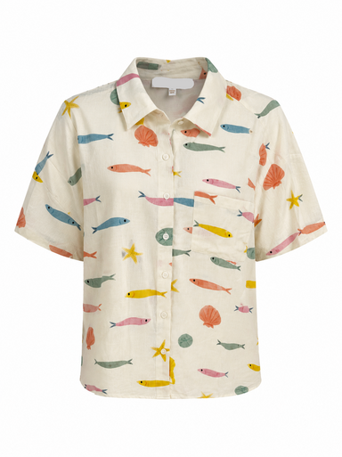 Short-sleeve shirt with colorful fish pattern on a white background