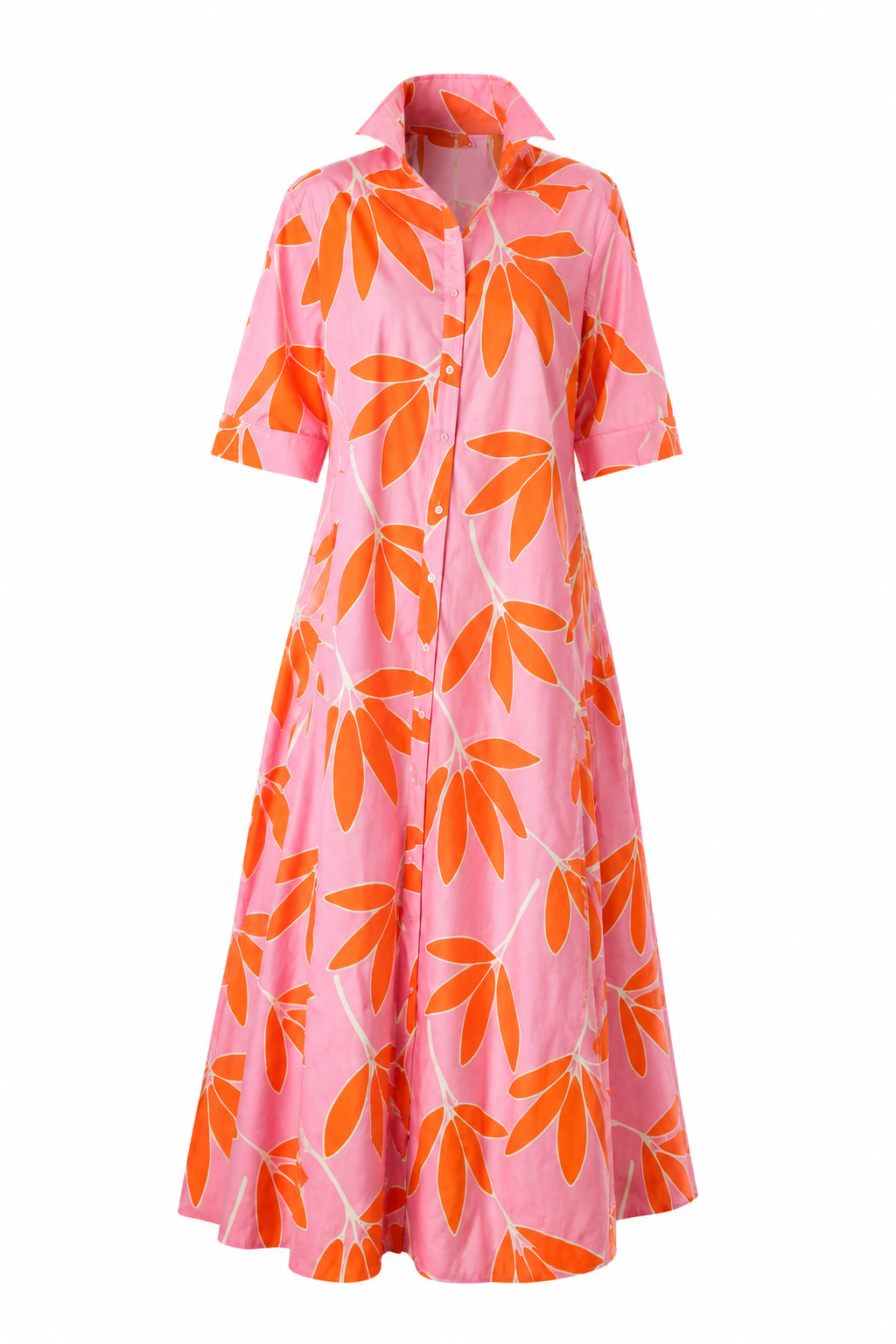 Palm Leaf Floral Maxi Shirt Dress
