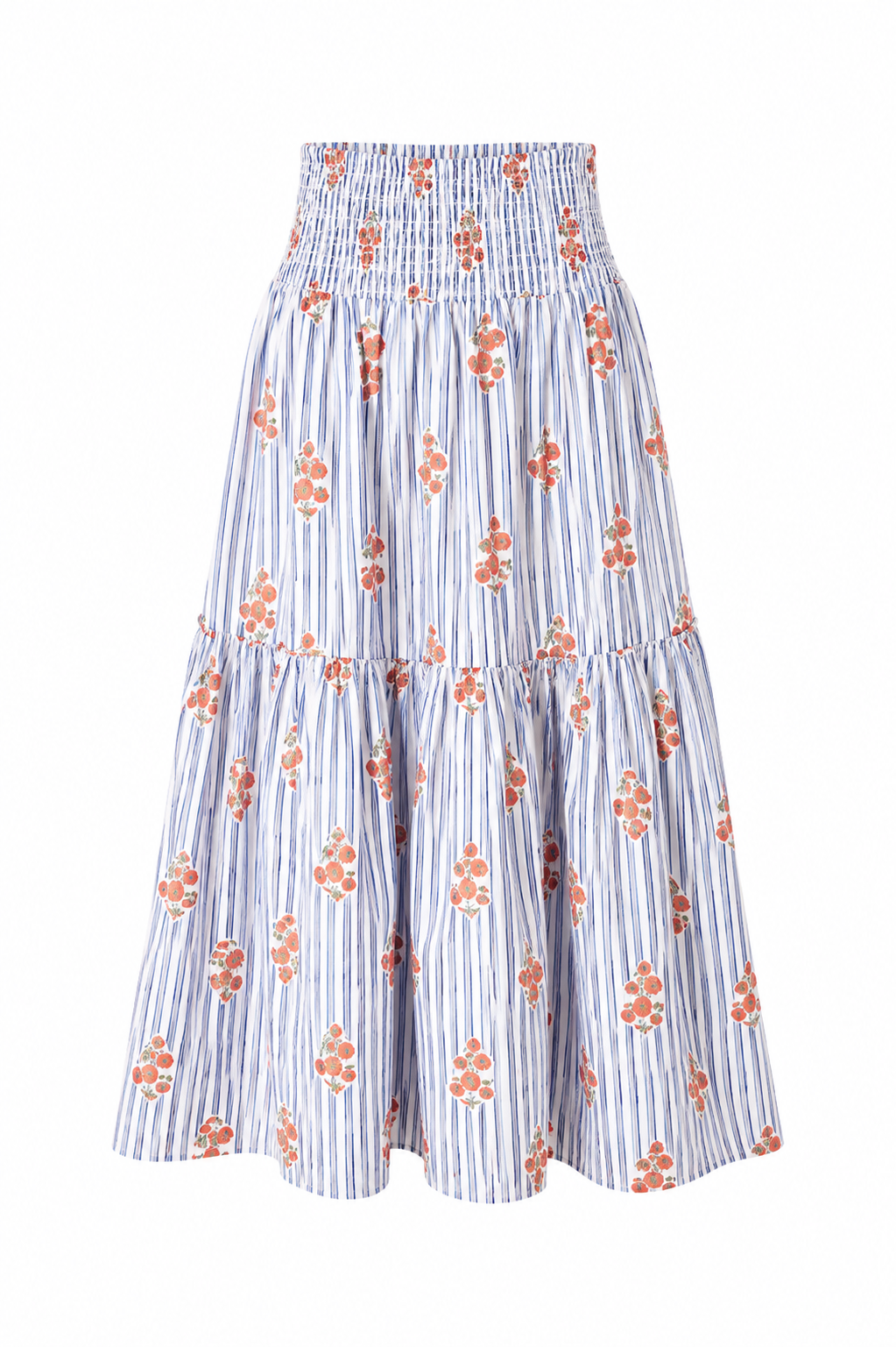 Stripe Floral Smock Tier Maxi Skirt - Blue