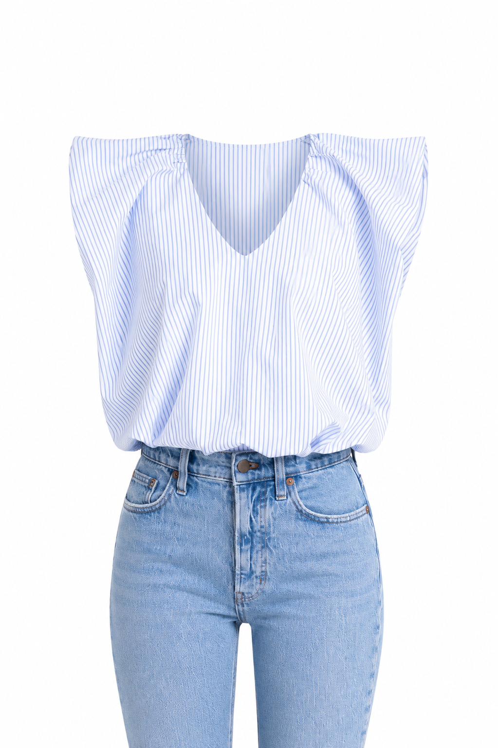 Blue and white striped top with high-waisted jeans on a white background