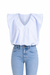 Blue and white striped top with high-waisted jeans on a white background