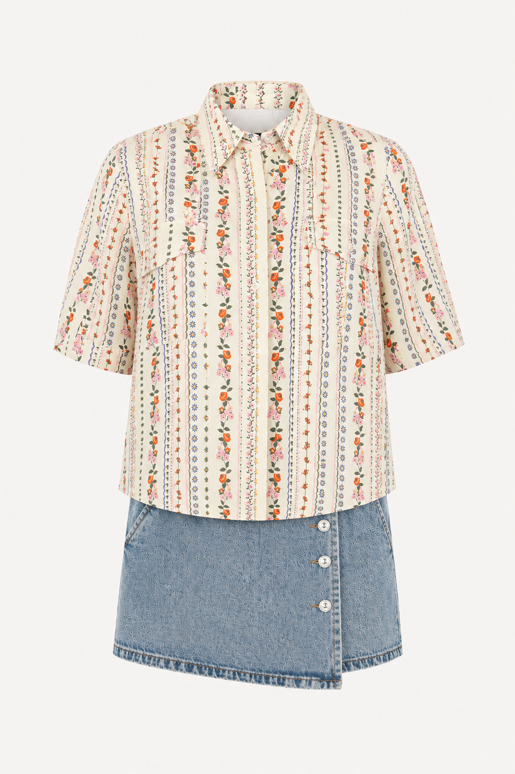French Multi Floral Camp Pocket Top - Ivory