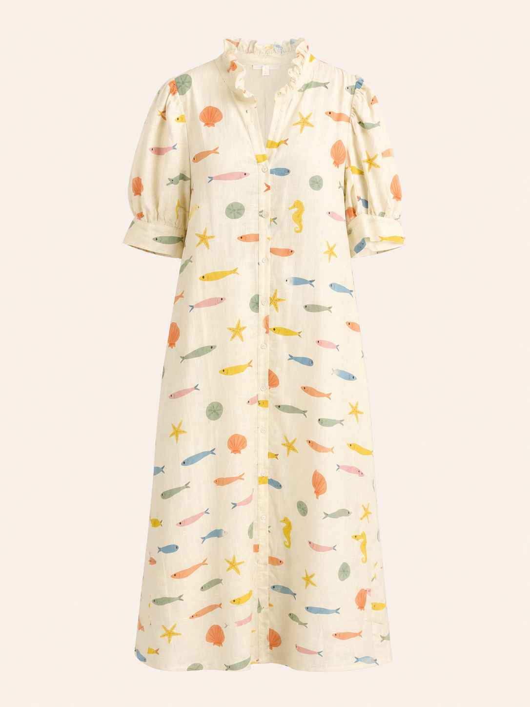 Multi Fish Ruffle Neck Shirt Maxi Dress