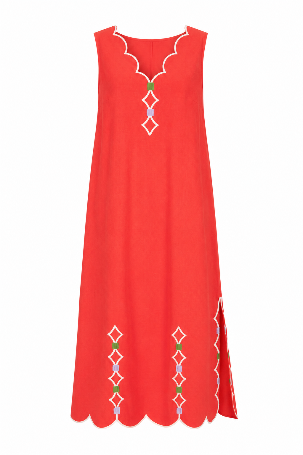 Scallop Embroidered V Neck Dress - Coral