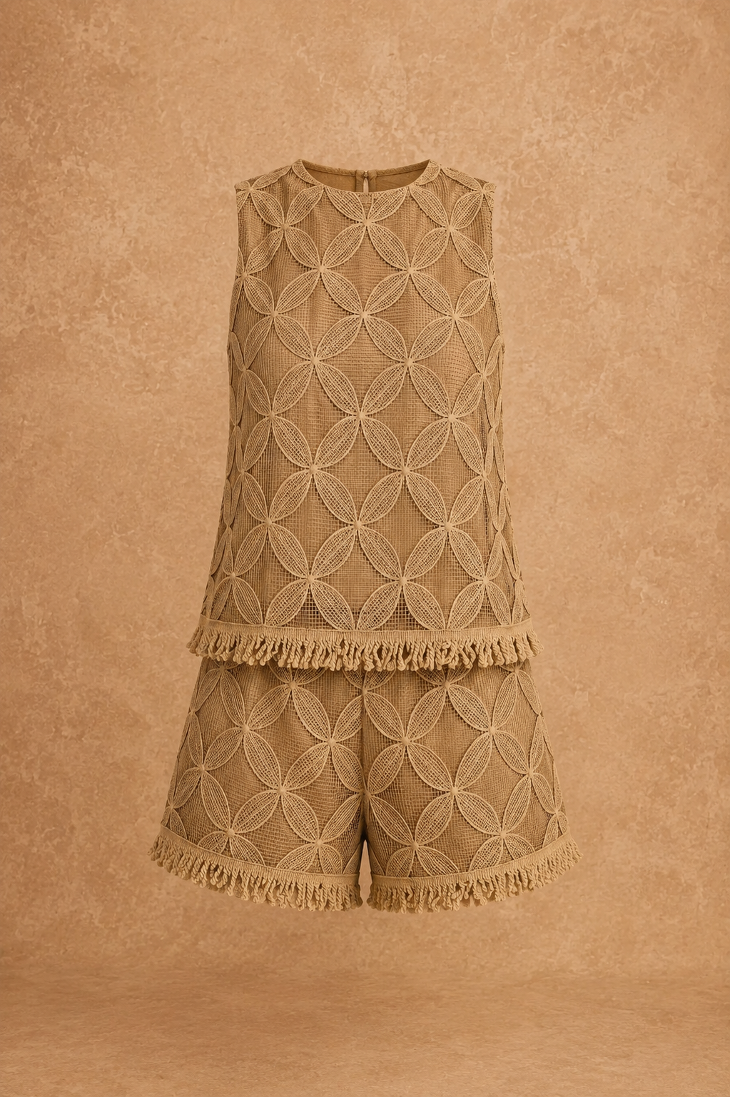 Beige lace top and shorts set on a beige background