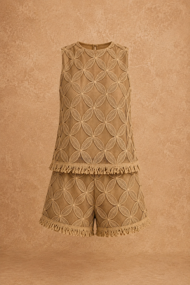Beige lace top and shorts set on a beige background