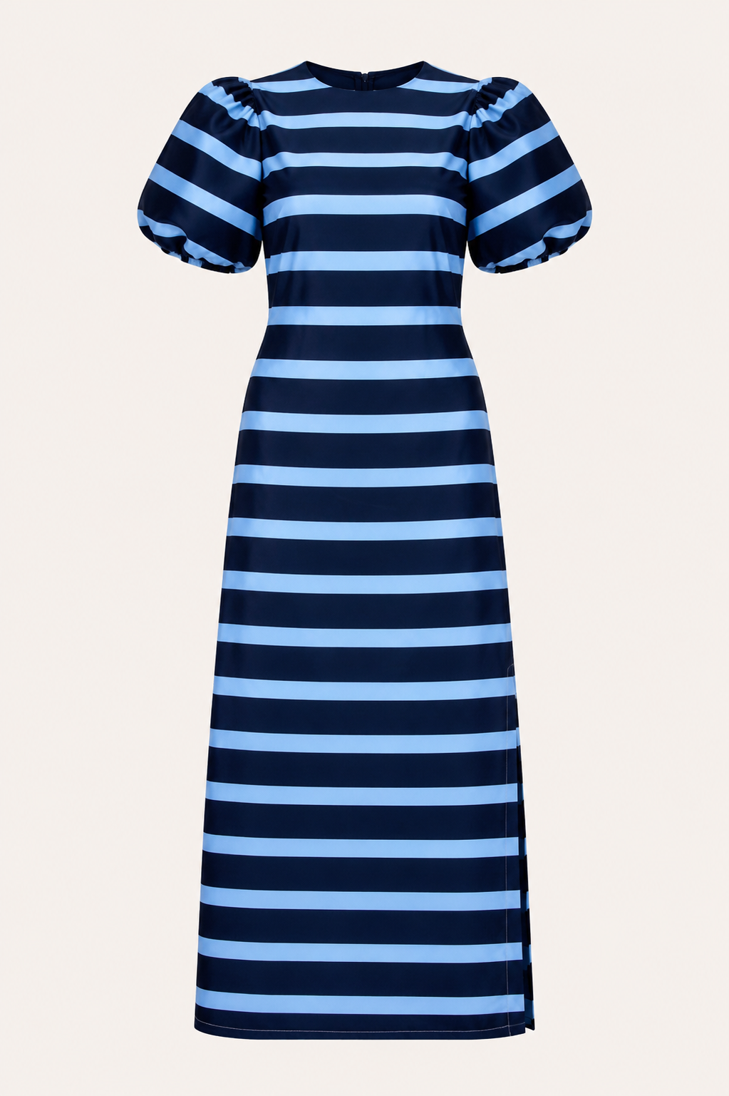 NAVY AND BLUE SHORT PUFF SLEEVE A-LINE MAXI DRESS WITH LOWER SIDE SLIT N WHITE BACKGROUND 