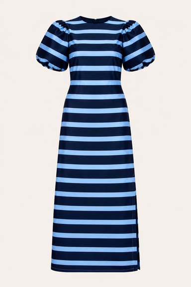 NAVY AND BLUE SHORT PUFF SLEEVE A-LINE MAXI DRESS WITH LOWER SIDE SLIT N WHITE BACKGROUND 
