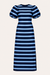 NAVY AND BLUE SHORT PUFF SLEEVE A-LINE MAXI DRESS WITH LOWER SIDE SLIT N WHITE BACKGROUND 
