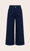 NAVY BLUE DENIM PANTS WITH BROWN BUTTON AND SCALLOP DETAIL FRONT POCKETS ON WHITE BACKGROUND